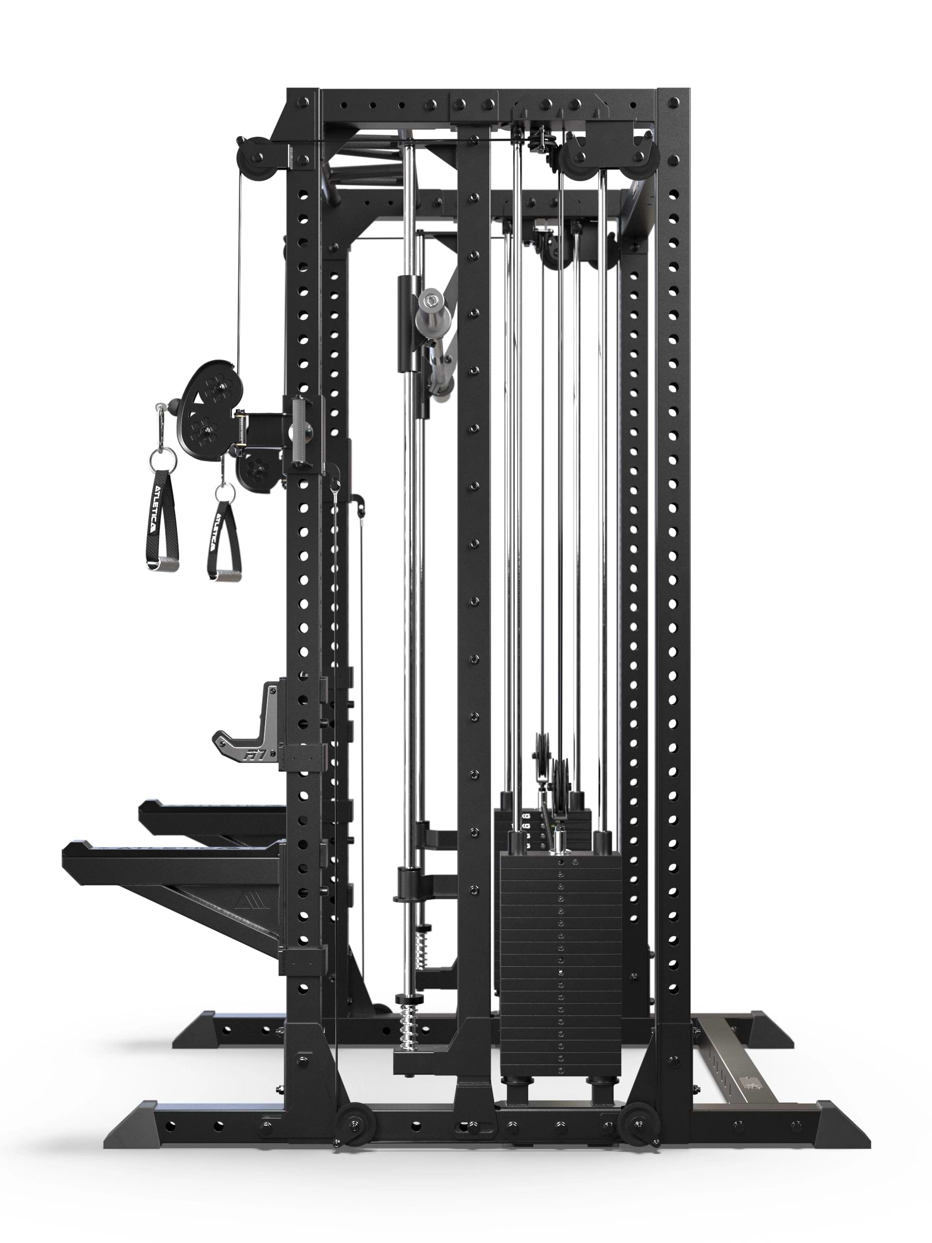 R7 Fighter Base Power Rack Seitenansicht mit geführter Langhantel, dualen Gewichtsstapeln und Kabelzugmodulen