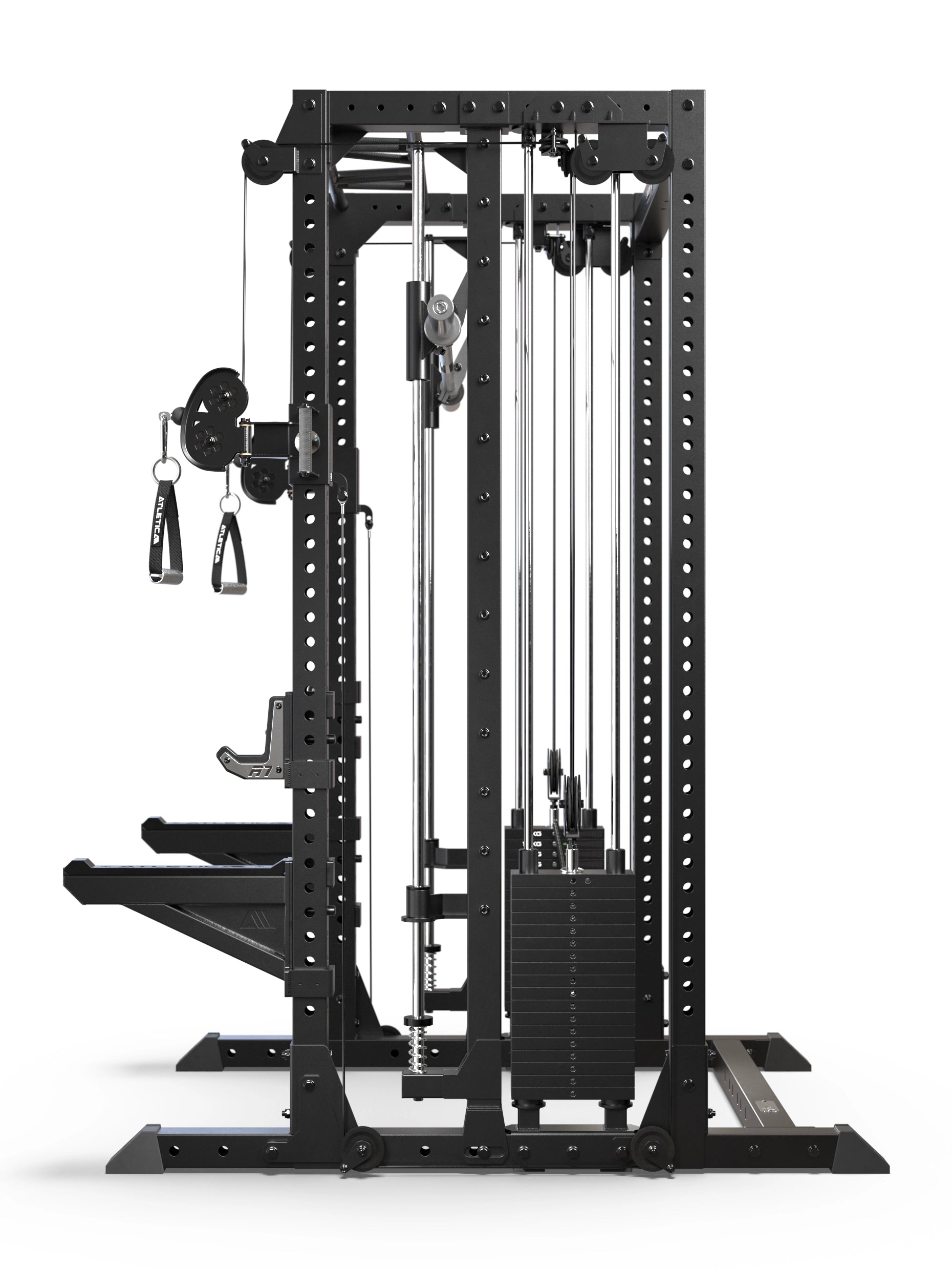 R7 Fighter Base Power Rack Seitenansicht mit geführter Langhantel, dualen Gewichtsstapeln und Kabelzugmodulen