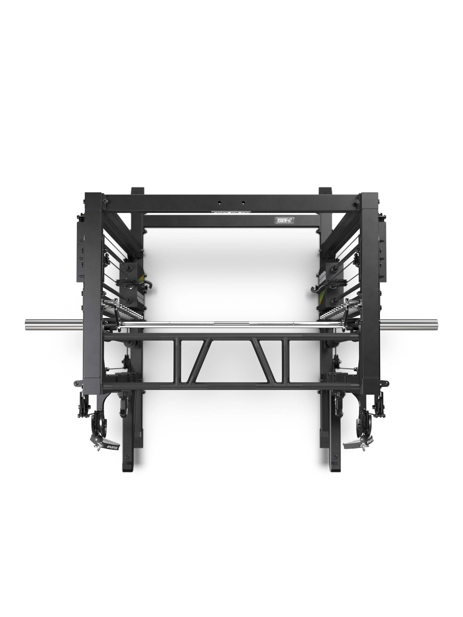 R7 Fighter Base Power Rack Draufsicht mit Multipresse, Kabelzugführung und stabiler Rack-Konstruktion