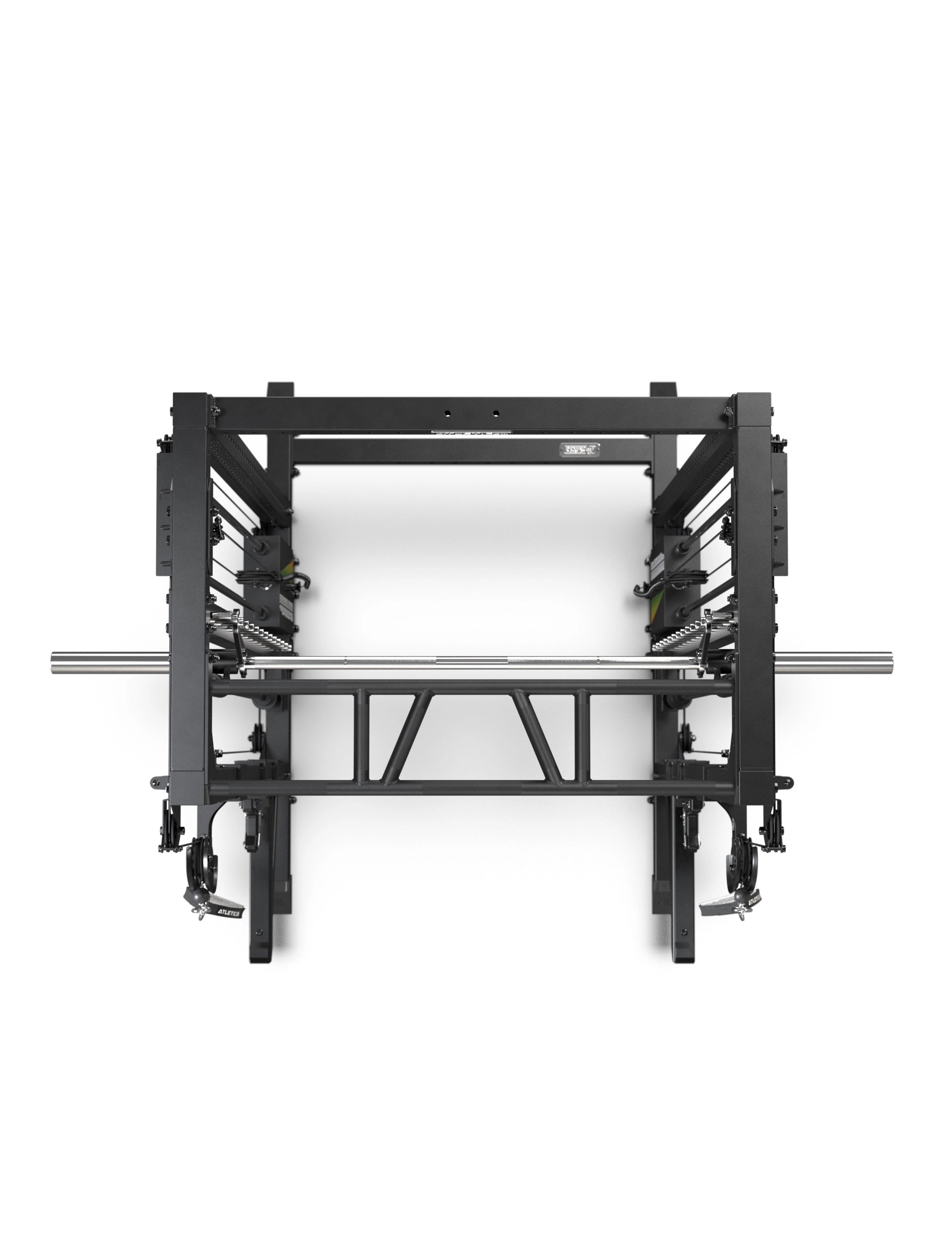 R7 Fighter Base Power Rack Draufsicht mit Multipresse, Kabelzugführung und stabiler Rack-Konstruktion