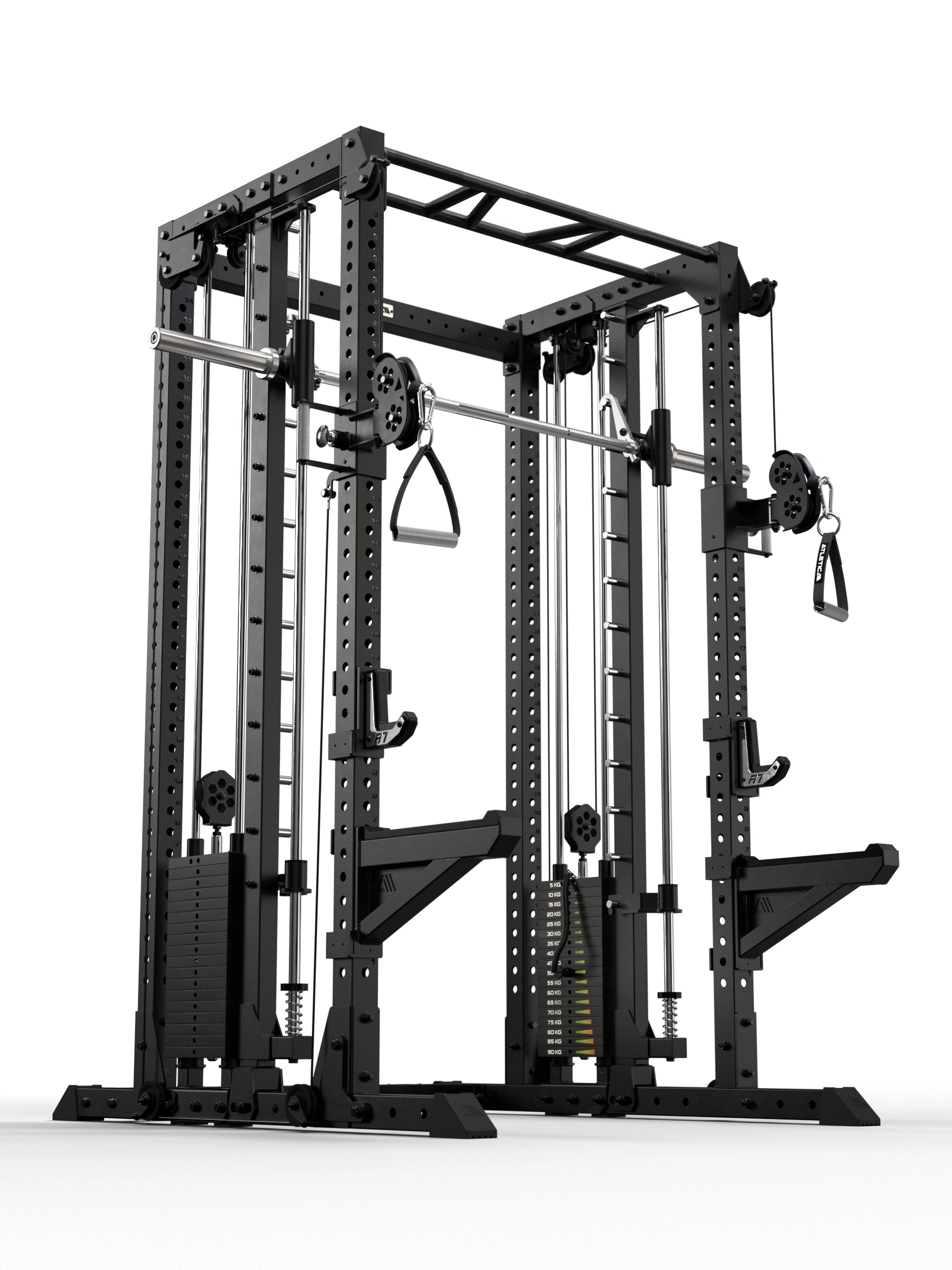 R7 Fighter Base Power Rack in schräger Frontansicht mit höhenverstellbaren Kabelzügen und Safety-Armen
