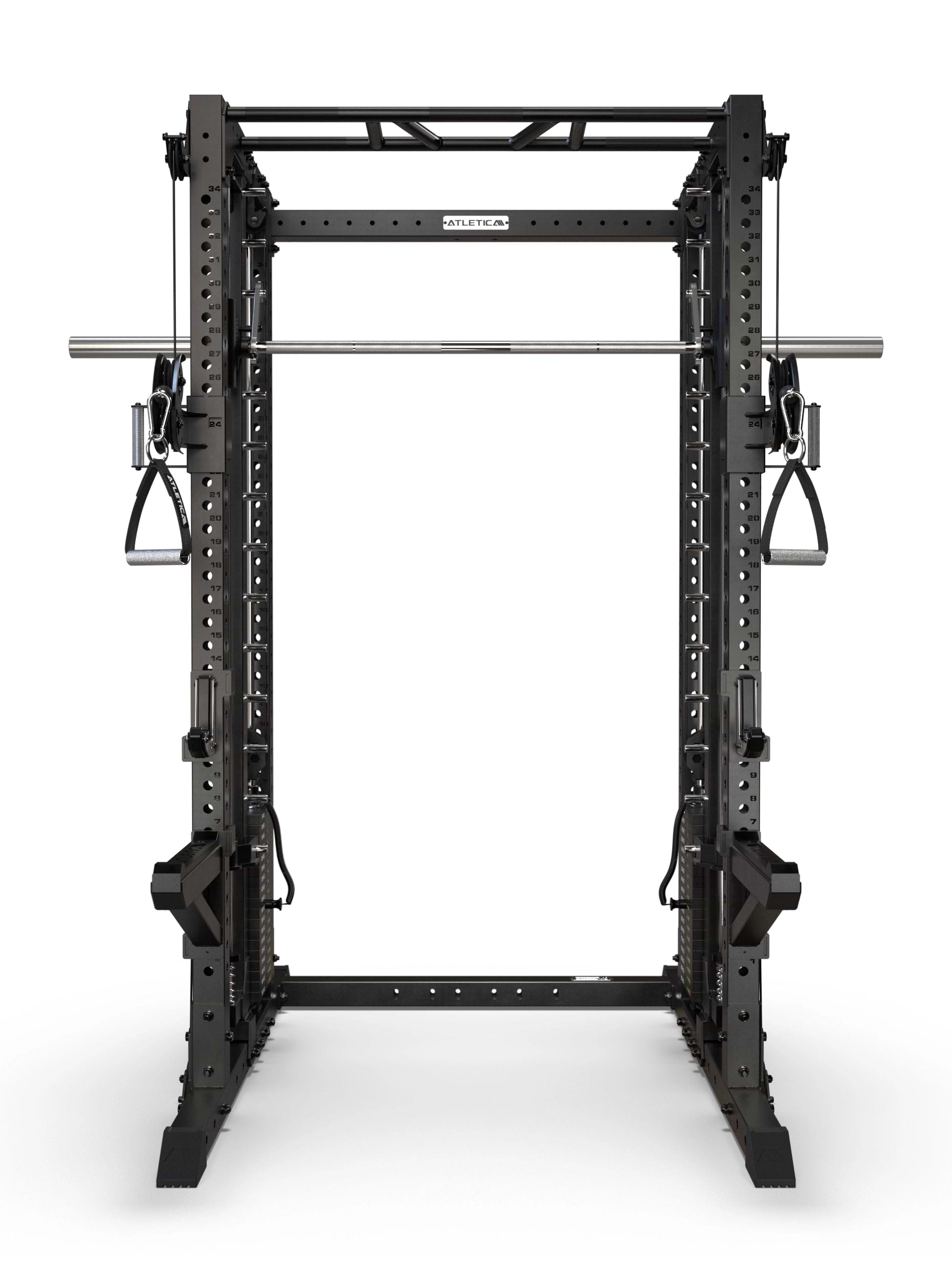 R7 Fighter Base Power Rack Frontalansicht mit Multi-Grip-Klimmzugstange, Multipresse und Kabelzugstation