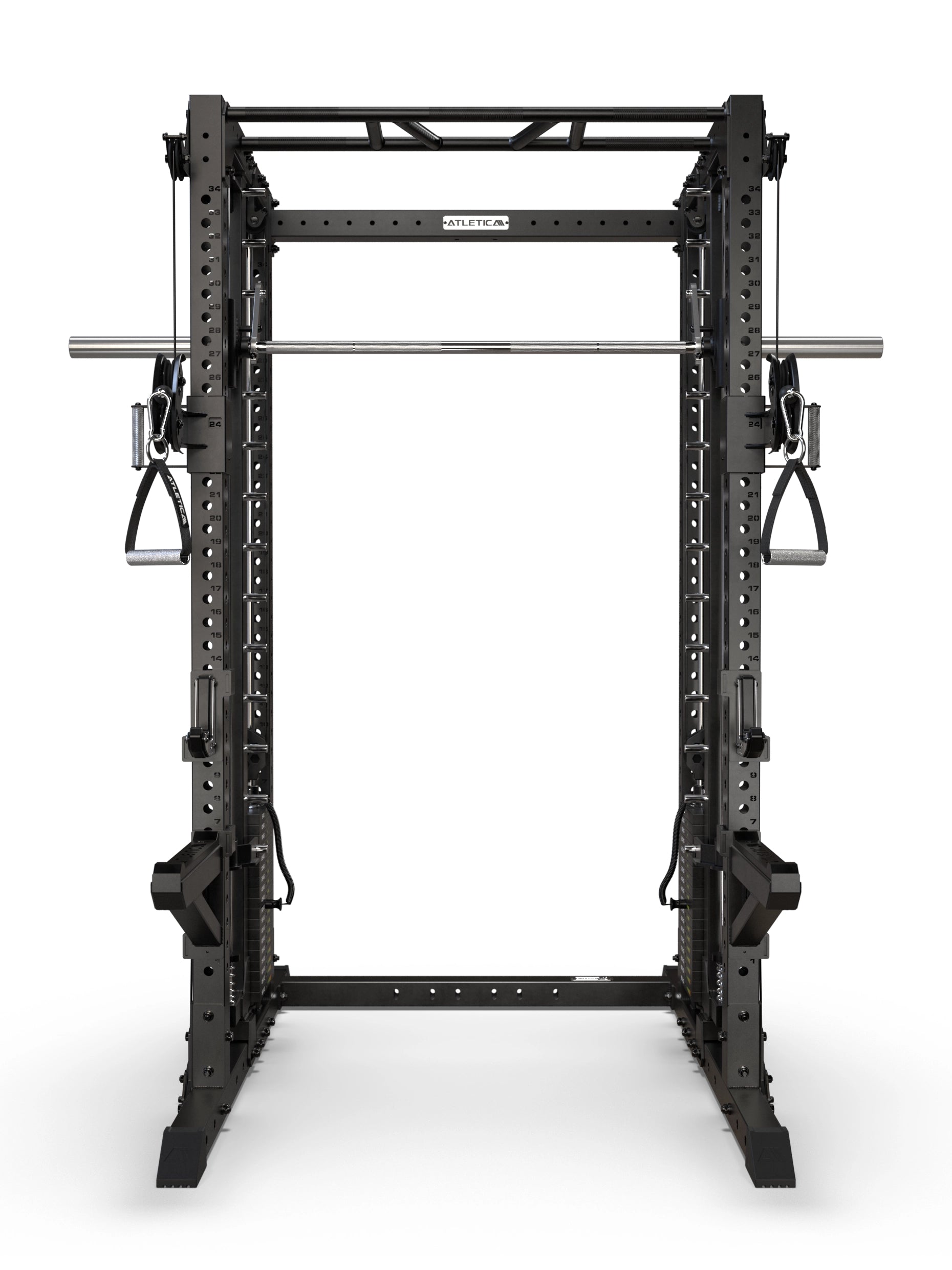 R7 Fighter Base Power Rack Frontalansicht mit Multi-Grip-Klimmzugstange, Multipresse und Kabelzugstation