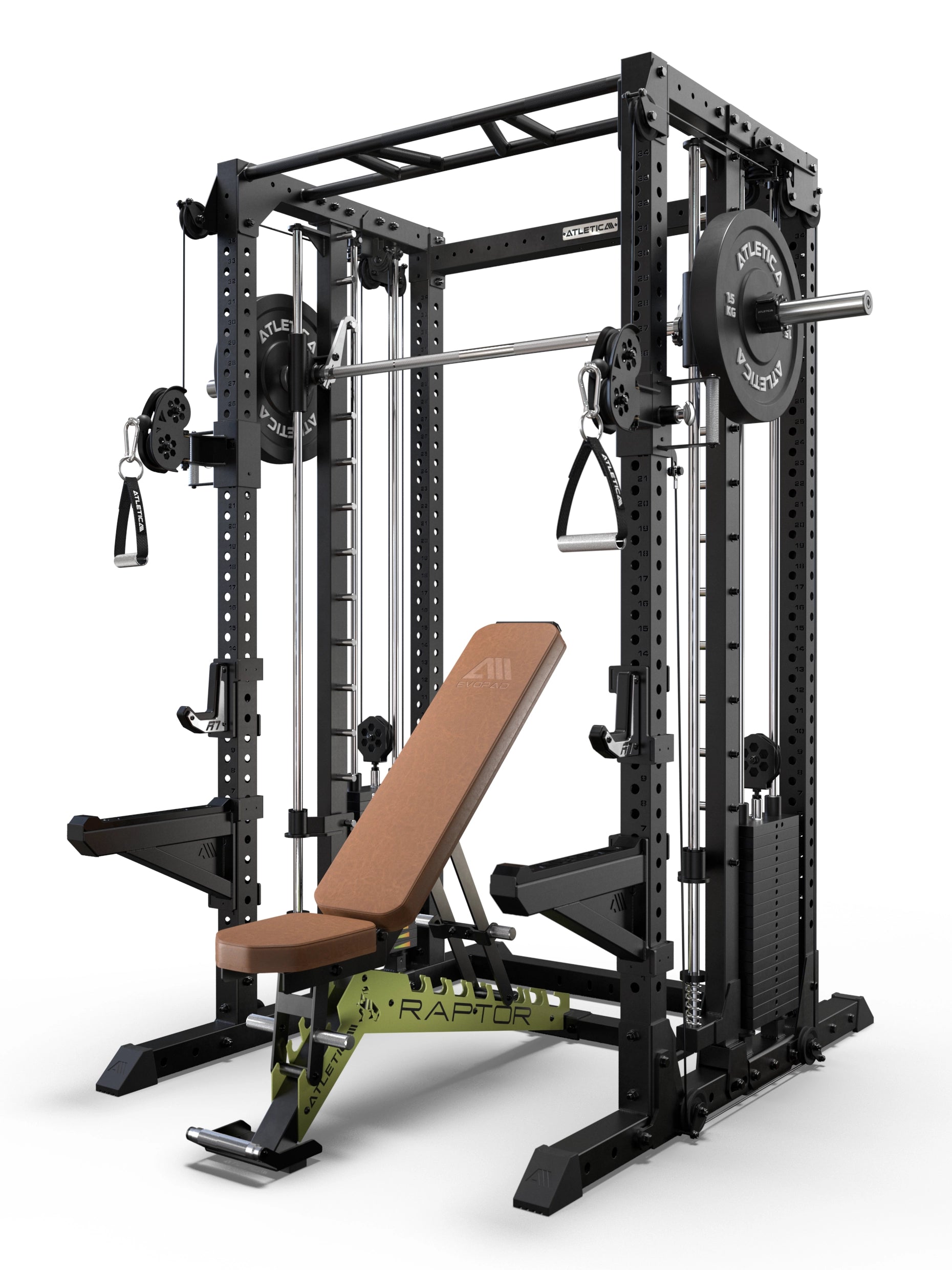 R7 Fighter Base Power Rack mit Raptor verstellbarer Hantelbank in brauner Ausführung und Langhantel mit Bumper Plates