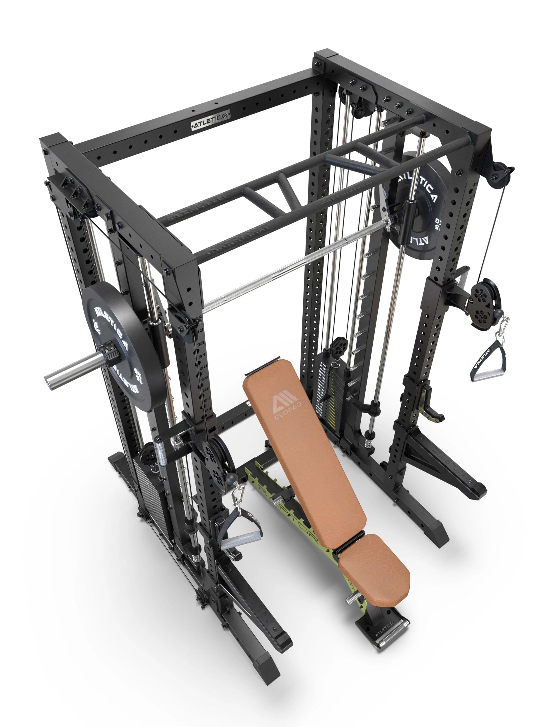 R7 Fighter Base Power Rack mit Raptor verstellbarer Hantelbank in Vogelperspektive mit integrierter Multipresse