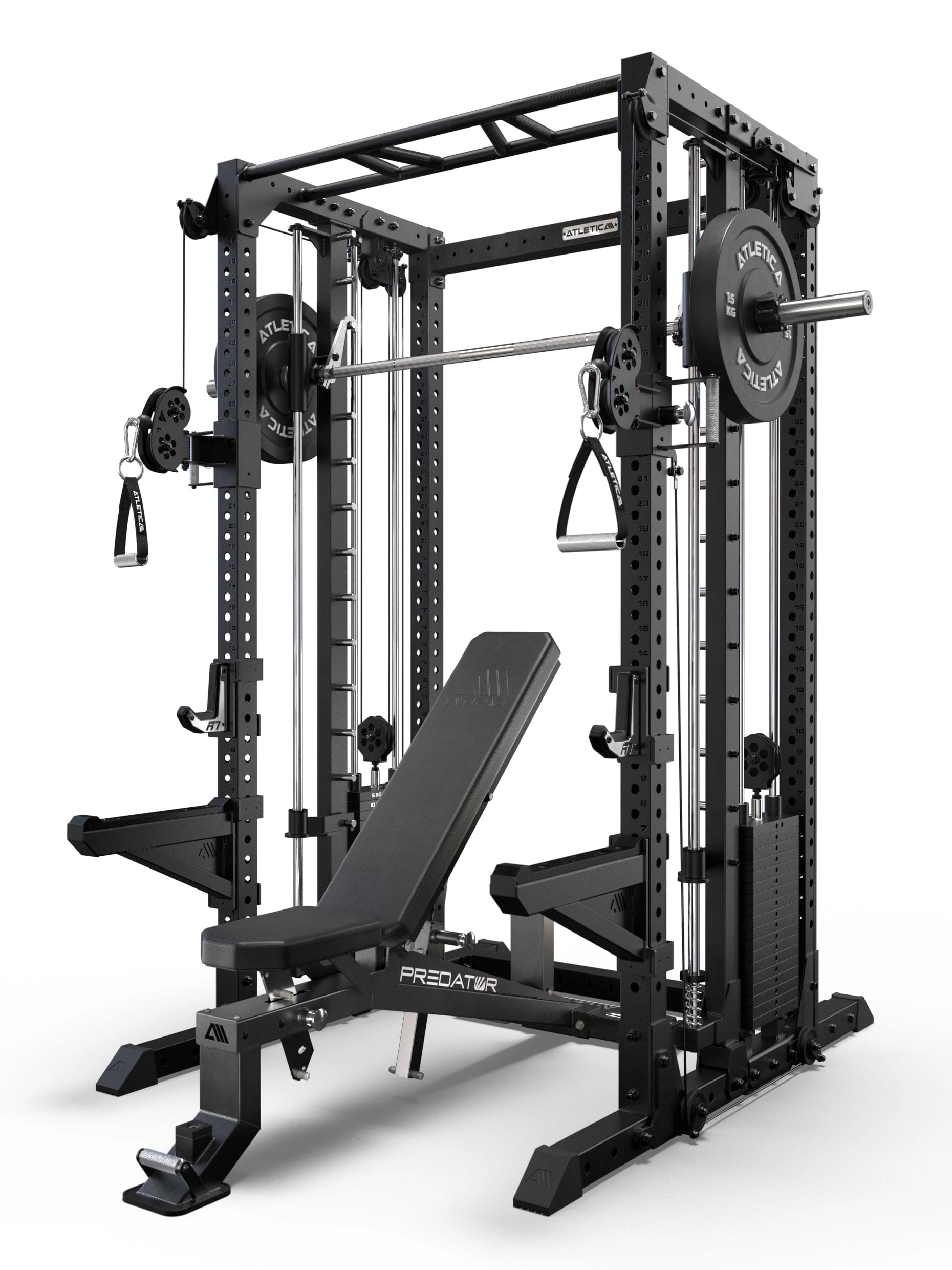 R7 Fighter Base Power Rack mit Predator verstellbarer Hantelbank in schwarzer Ausführung und Kabelzugstation