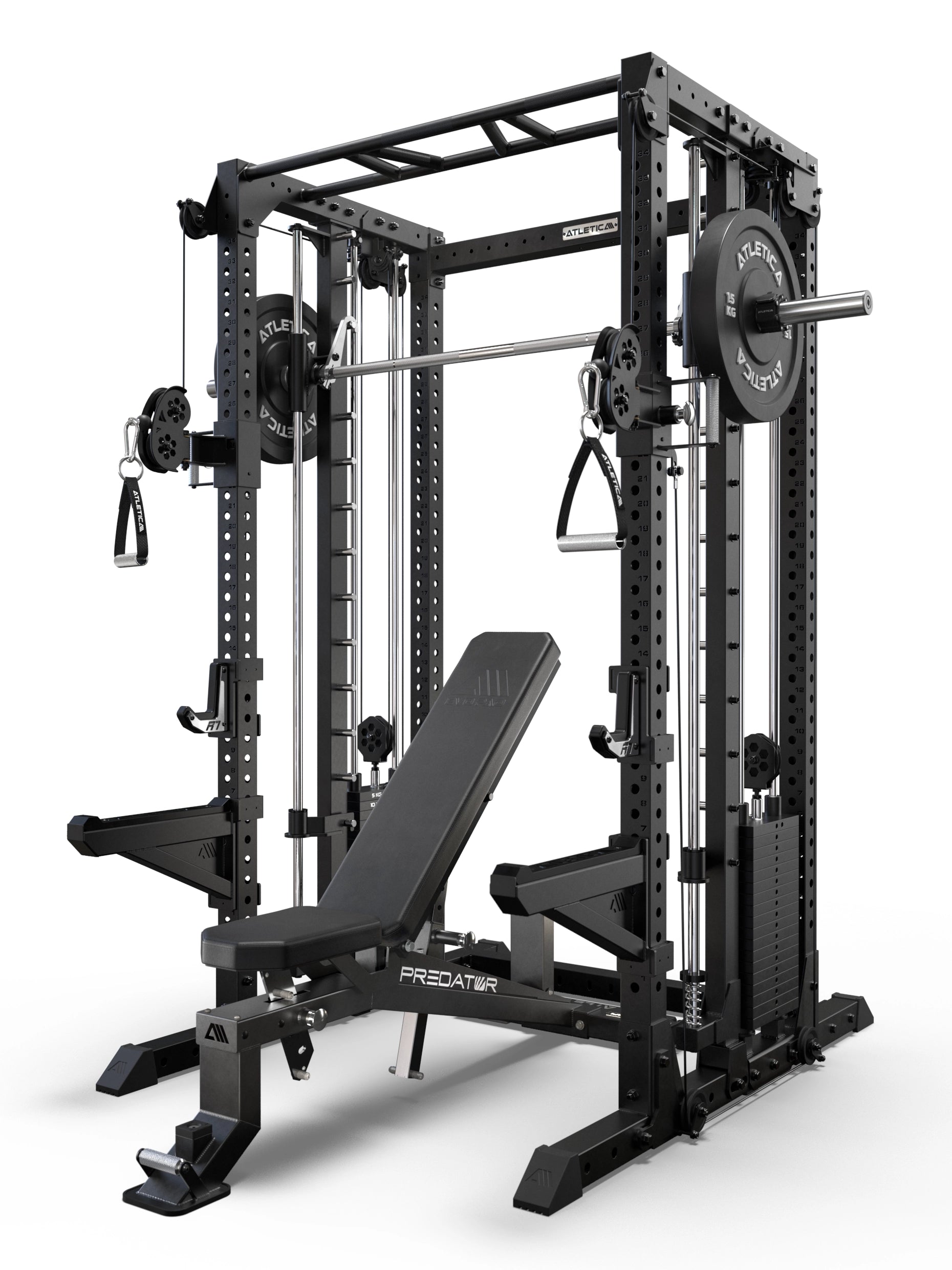 R7 Fighter Base Power Rack mit Predator verstellbarer Hantelbank in schwarzer Ausführung und Kabelzugstation