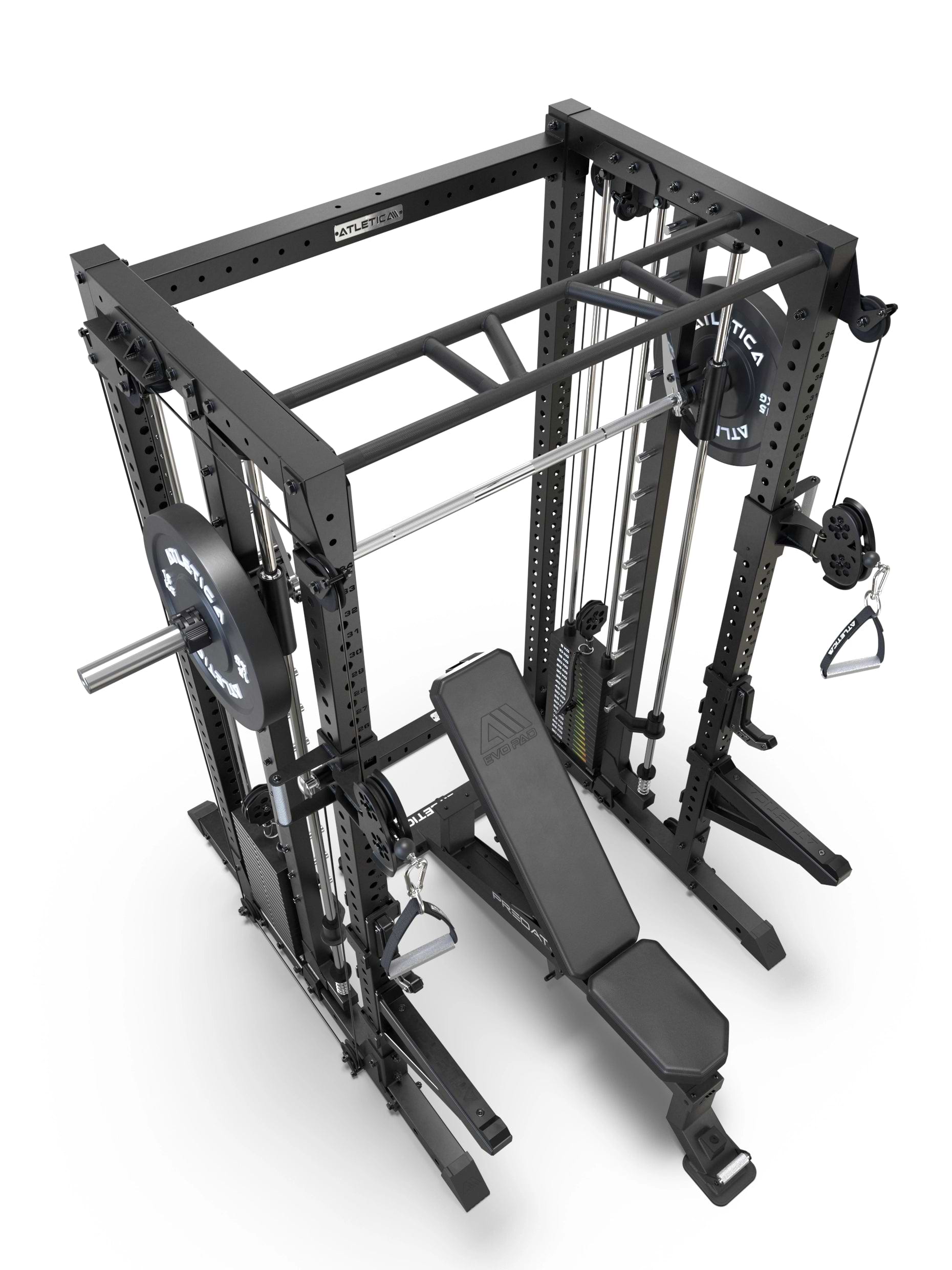 R7 Fighter Base Power Rack mit Predator verstellbarer Hantelbank in Draufsicht mit Multipresse und Klimmzugmodul