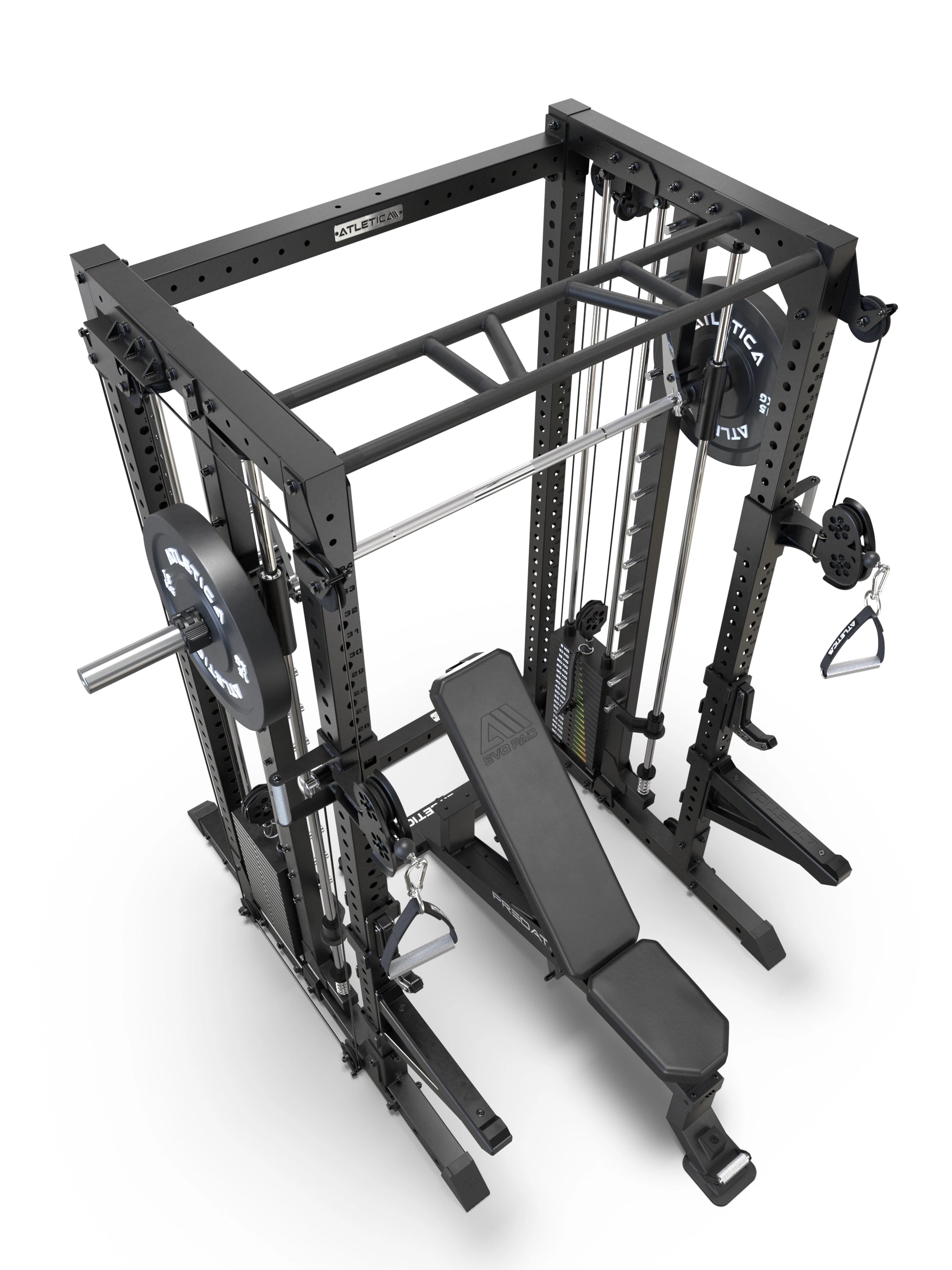 R7 Fighter Base Power Rack mit Predator verstellbarer Hantelbank in Draufsicht mit Multipresse und Klimmzugmodul