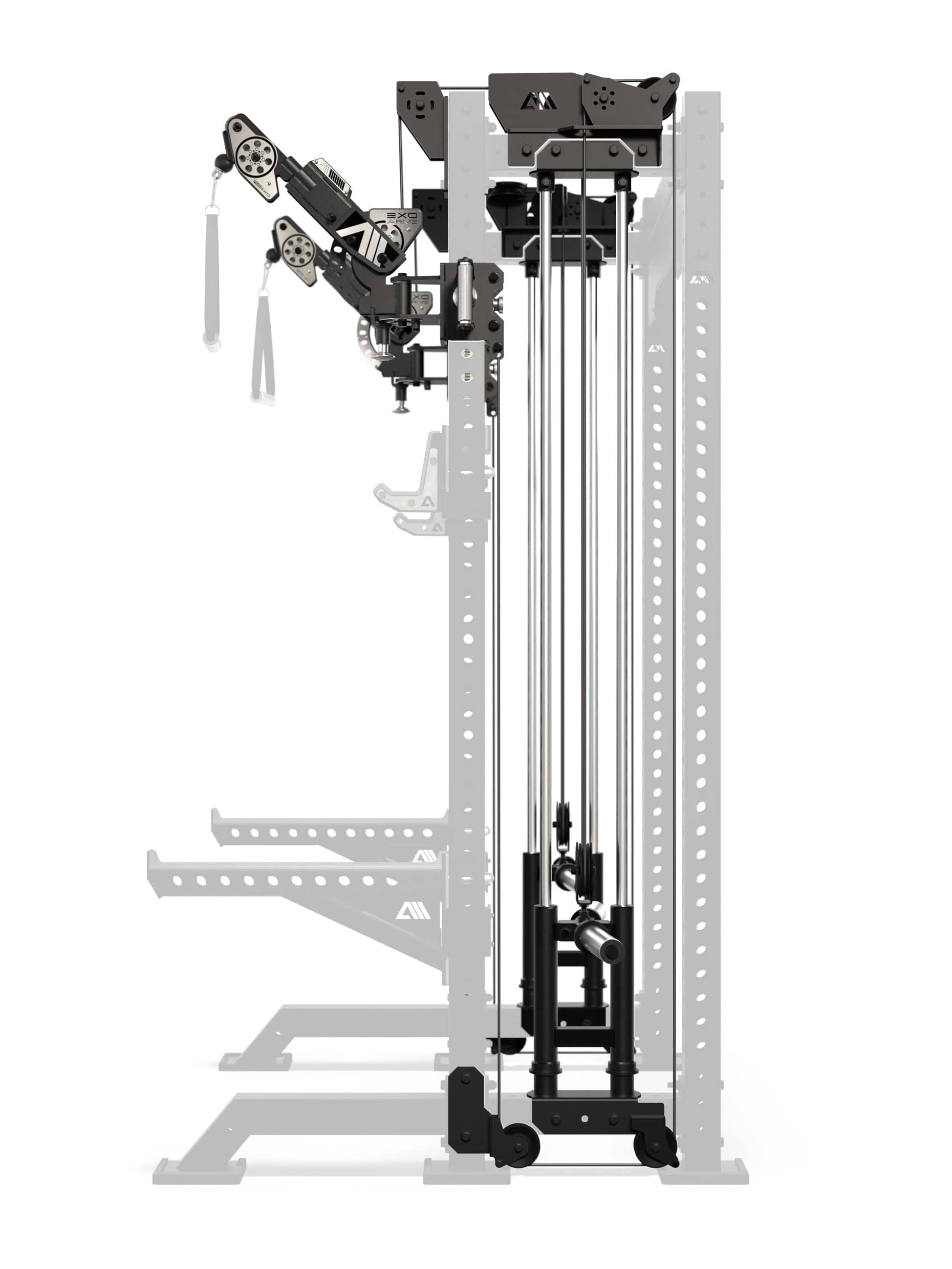 Atletica R8 Bradley EXO Power Rack Plate Loaded in Seitenansicht mit Hantelscheibenaufnahmen und 42 cm Tiefe