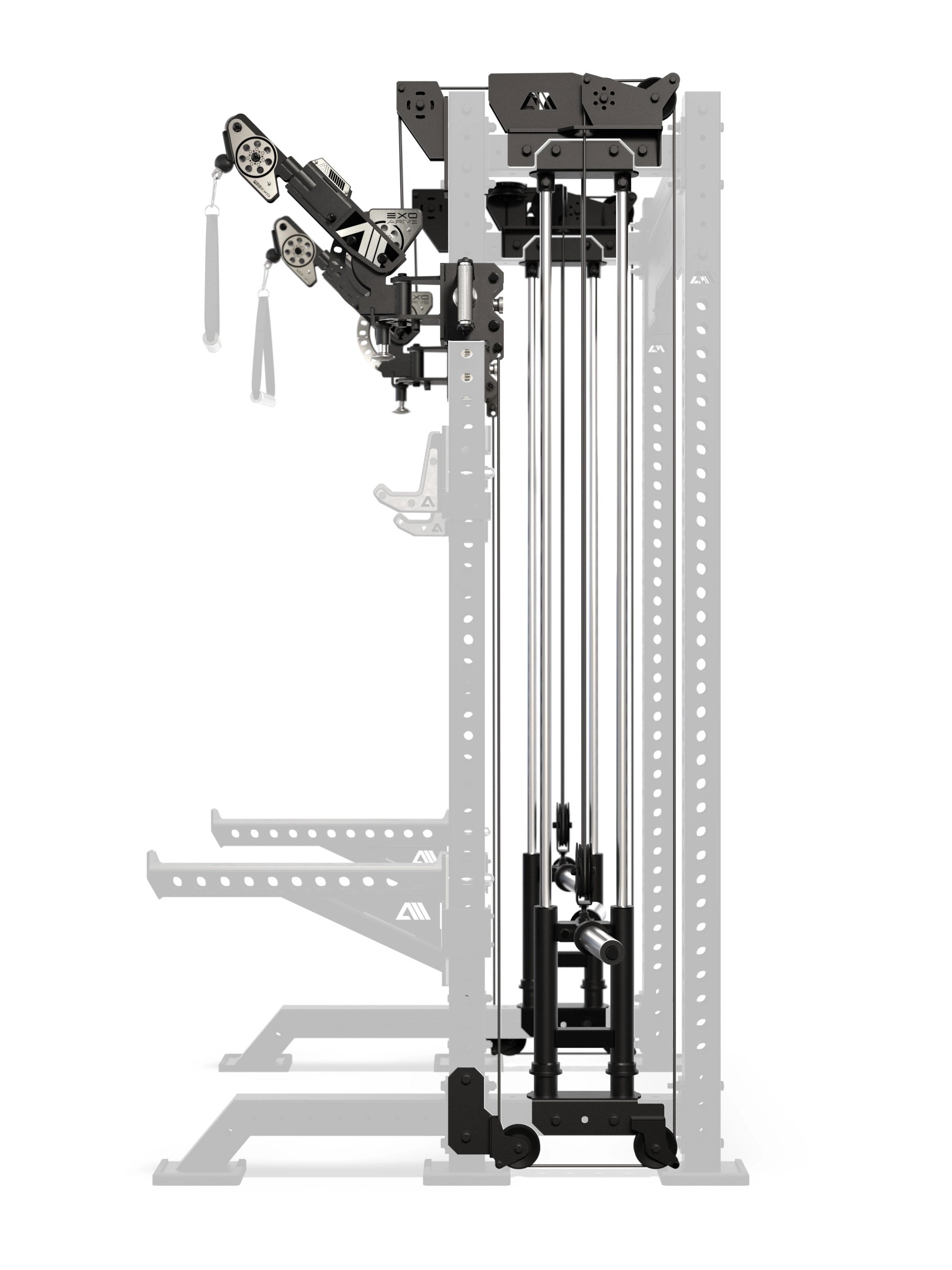 Atletica R8 Bradley EXO Power Rack Plate Loaded in Seitenansicht mit Hantelscheibenaufnahmen und 42 cm Tiefe