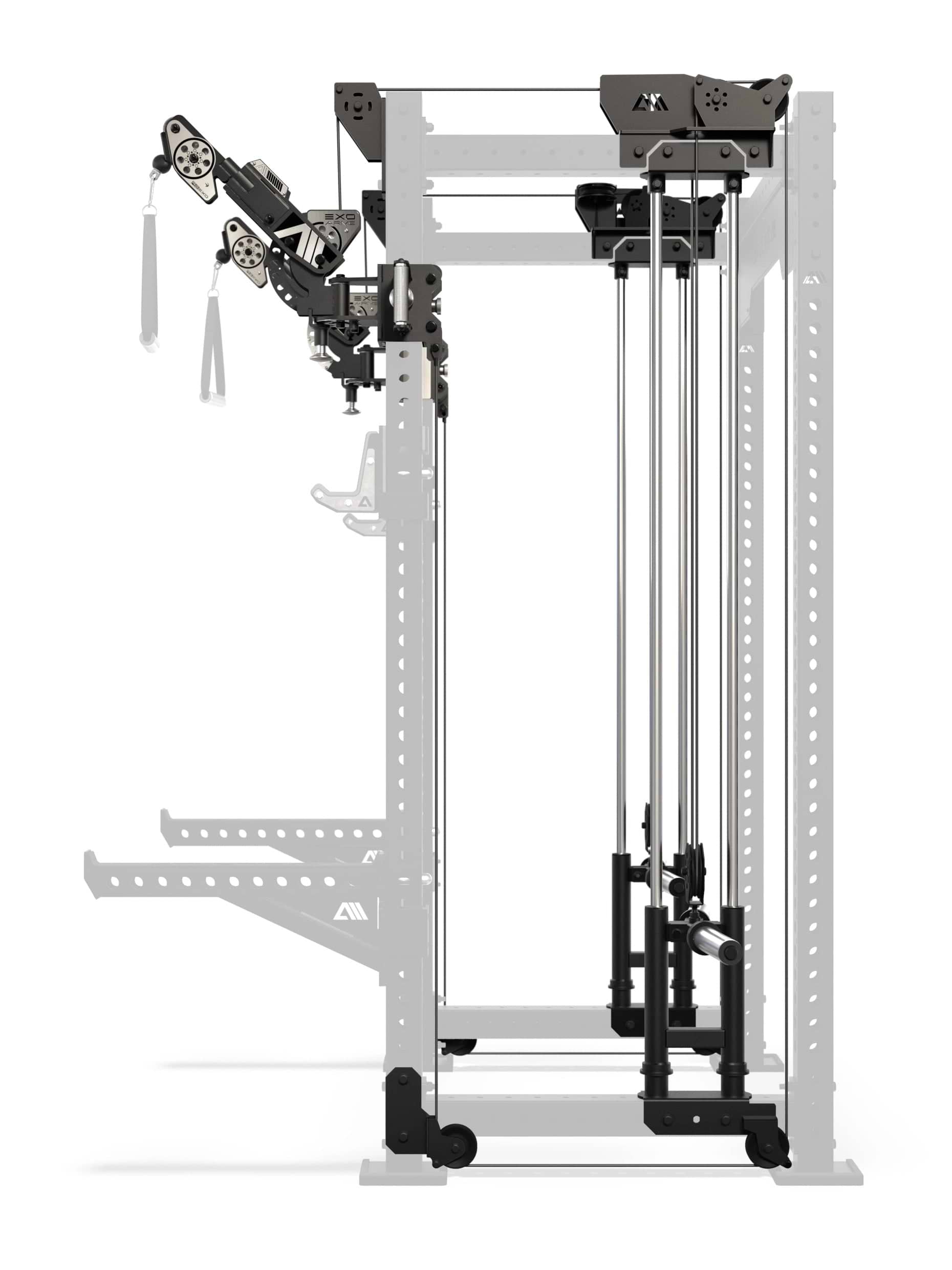 Atletica R8 Bradley EXO Power Rack Plate Loaded in Seitenansicht mit Hantelscheibenaufnahmen und 78 cm Tiefe