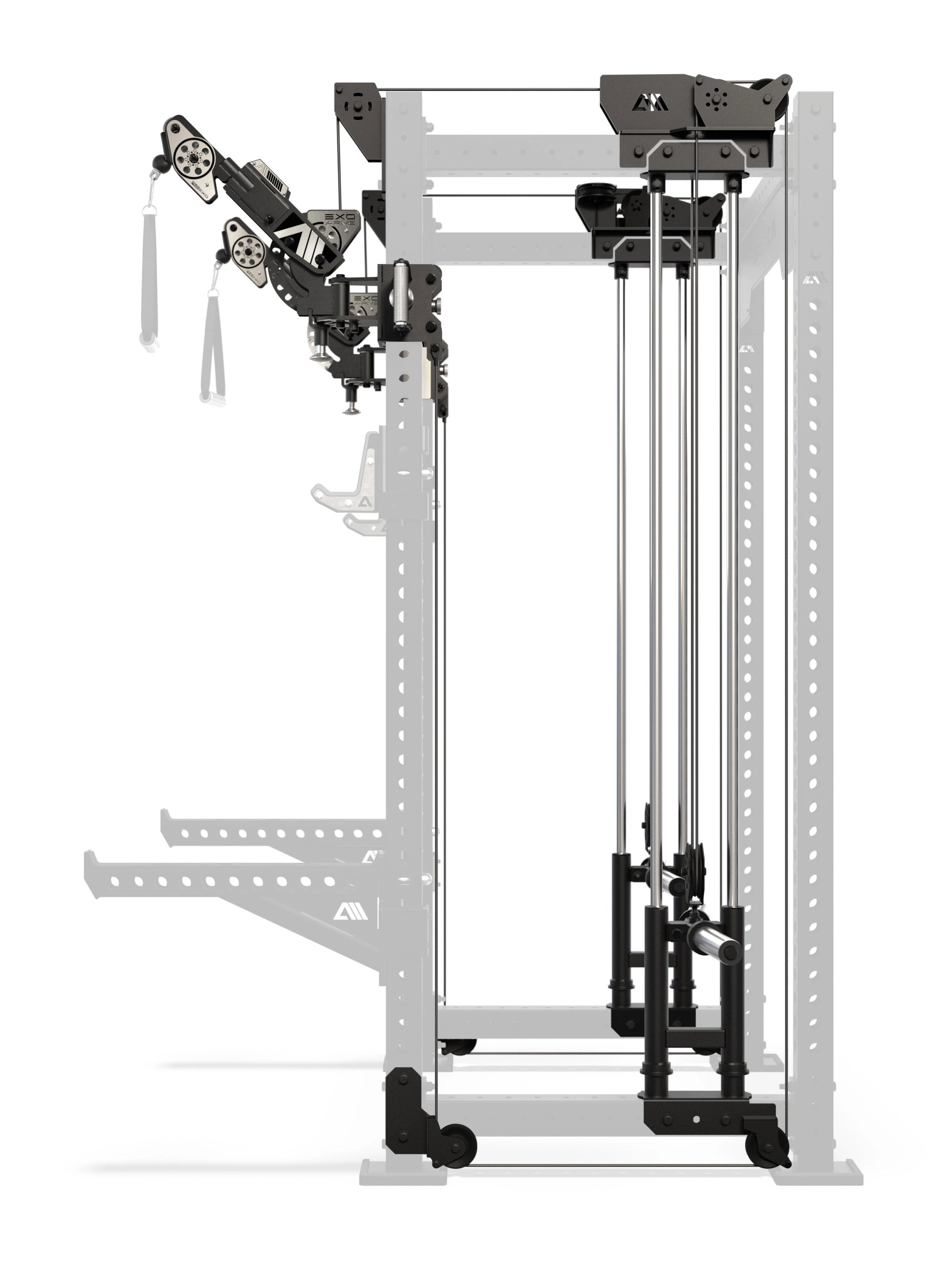 Atletica R8 Bradley EXO Power Rack Plate Loaded  in Seitenansicht mit Hantelscheibenaufnahmen und 78 cm Tiefe
