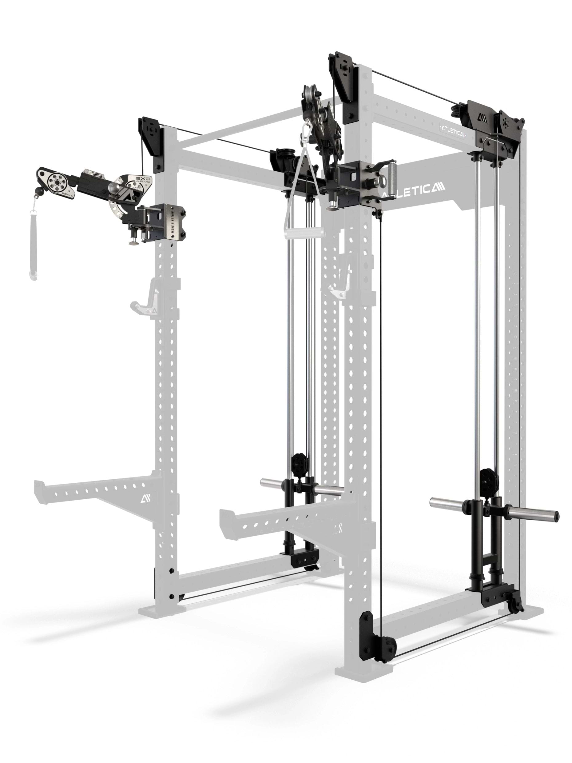 R8 Bradley EXO Power Rack Plate Loaded mit Hantelscheibenaufnahmen, 108 cm Crossbartiefe und EXO verstellbaren Arms