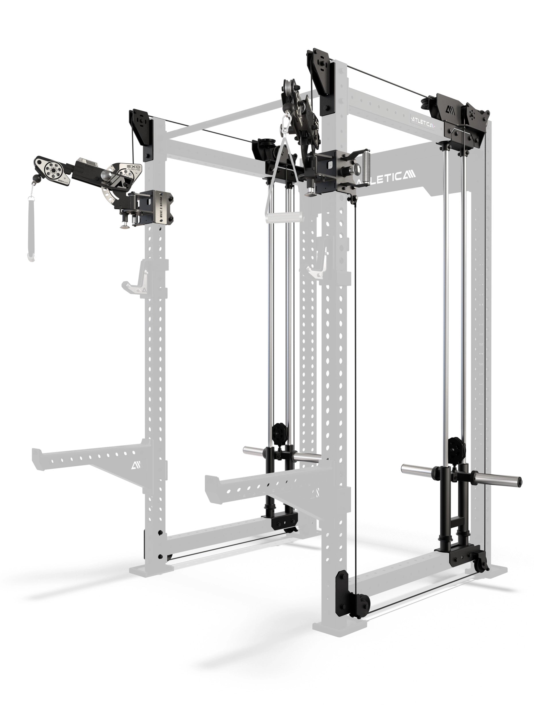 R8 Bradley EXO Power Rack Plate Loaded mit Hantelscheibenaufnahmen, 108 cm Crossbartiefe und EXO verstellbaren Arms