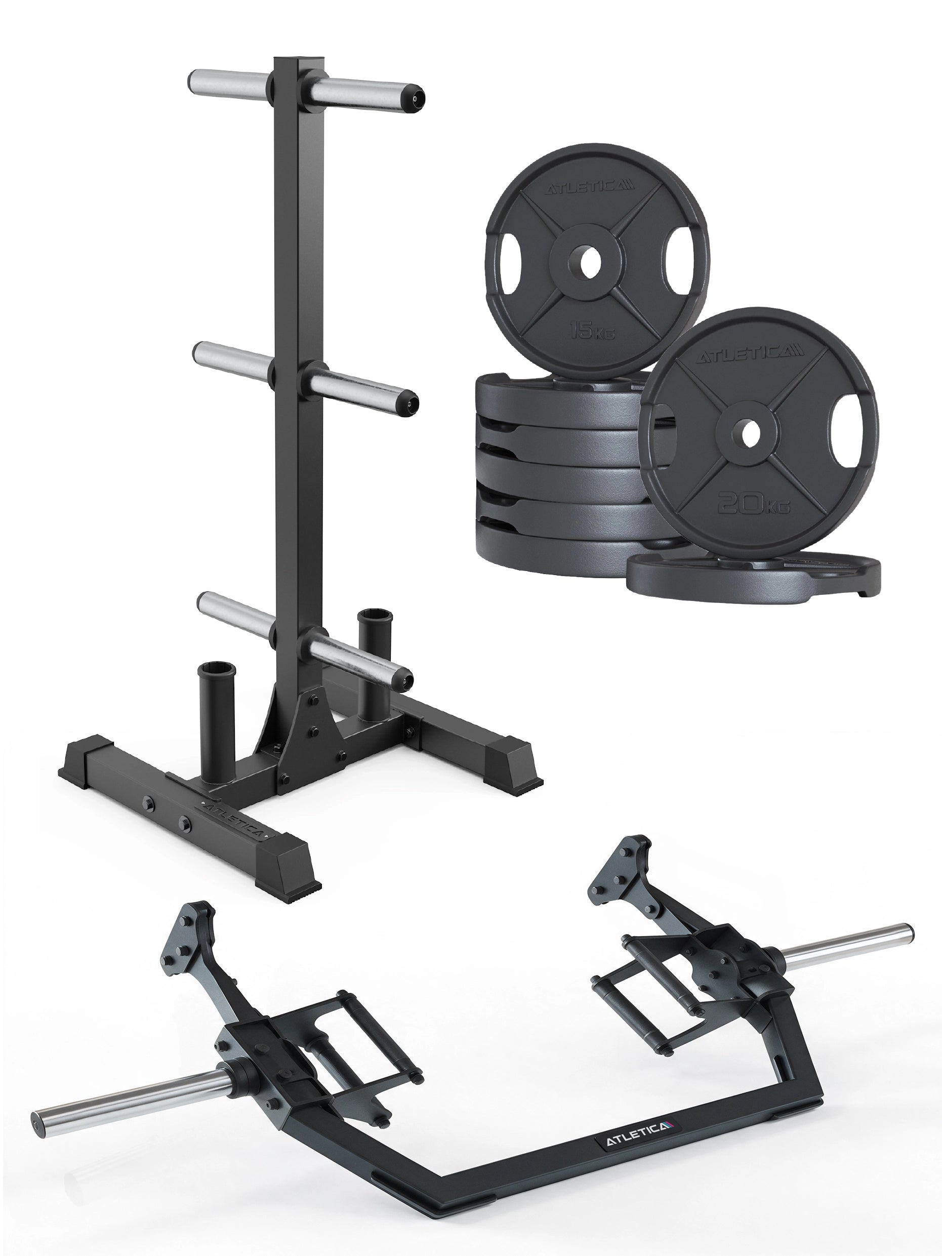 Rhino Hex Set mit 130 kg 2H Iron Plates, Open Hex Bar und Rhino Ablage