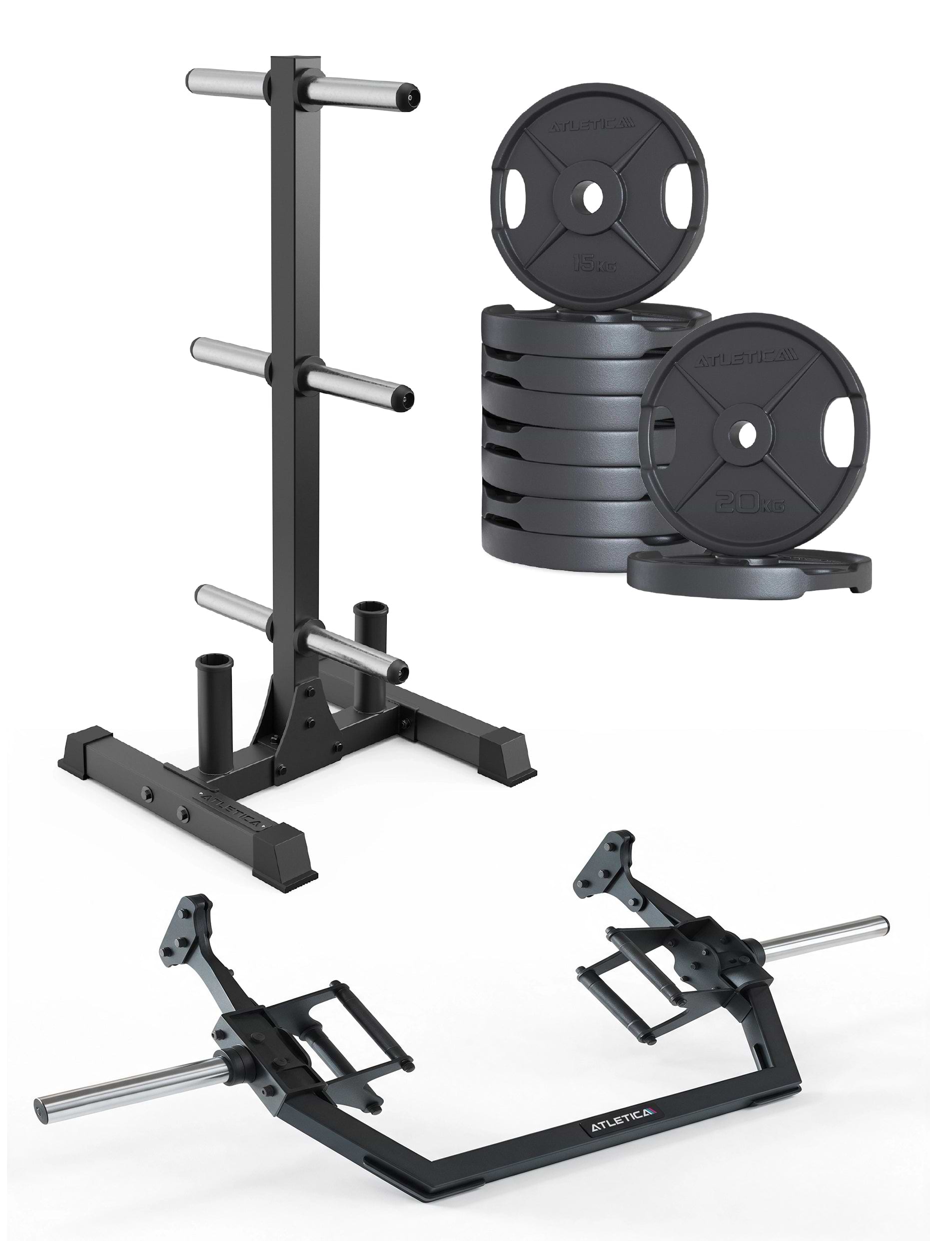 Rhino Hex Set 150 kg mit 2H Iron Plates, Rhino Hantelscheibenablage und Open Hex Bar