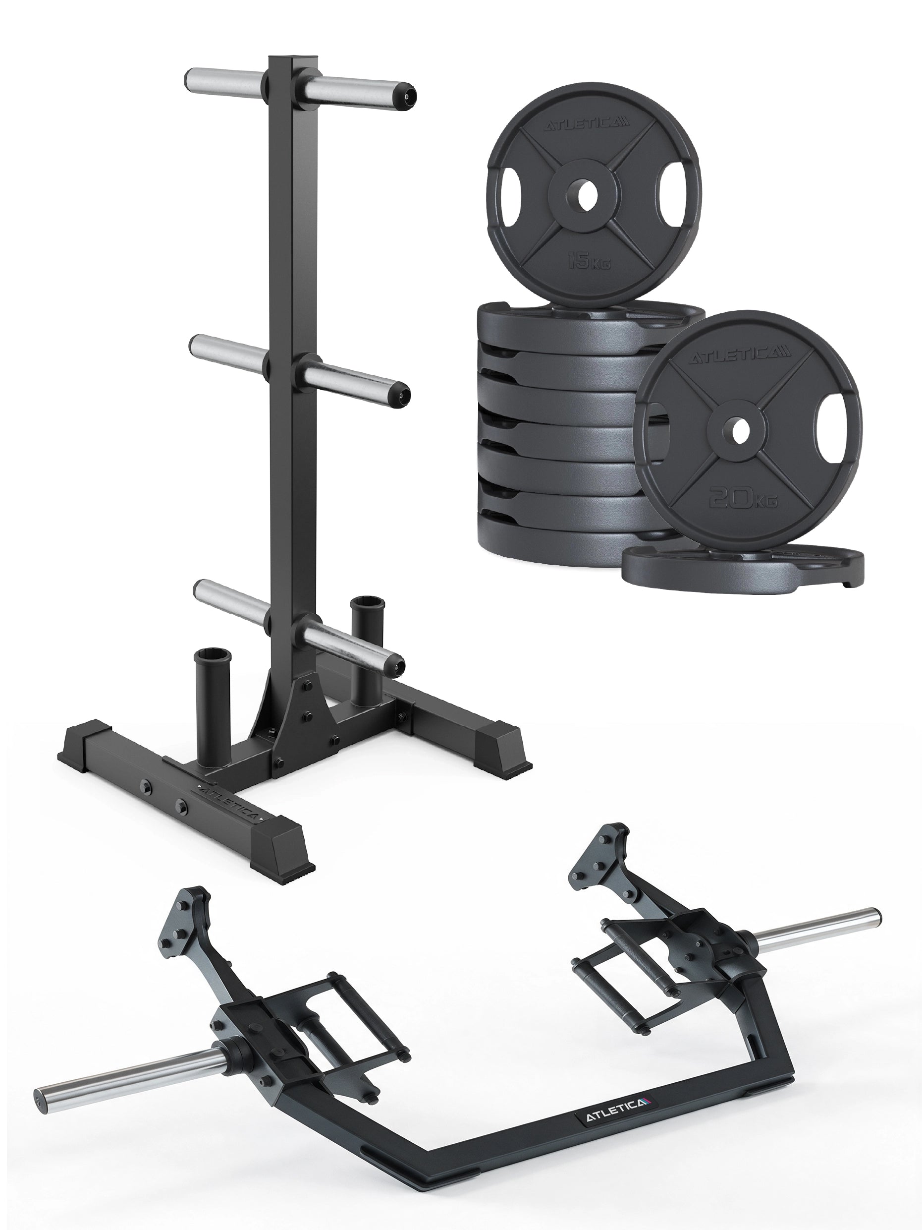 Rhino Hex Set 150 kg mit 2H Iron Plates, Rhino Hantelscheibenablage und Open Hex Bar