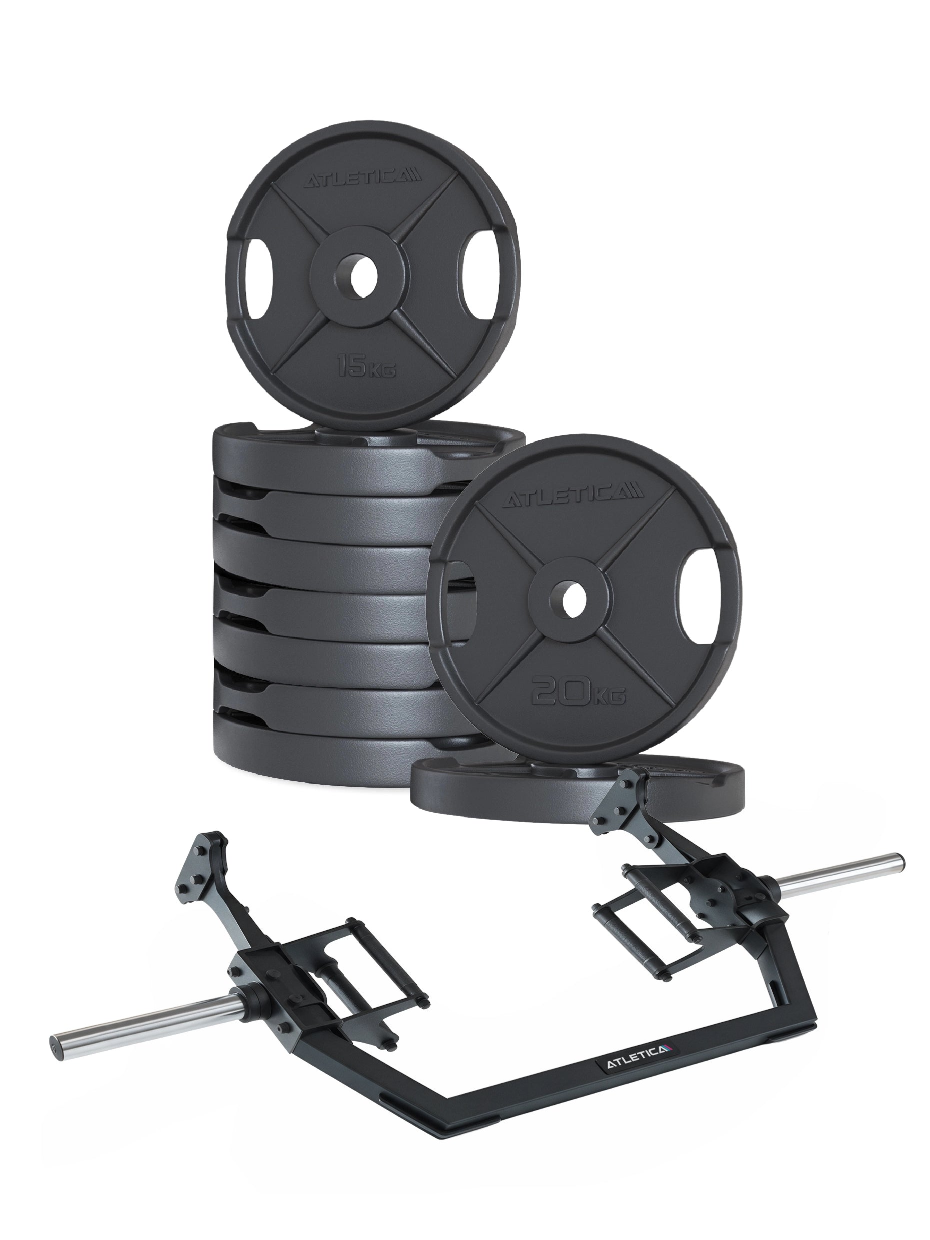 2H Iron Hex Set 150 kg - Open Hex Bar, 2x20kg und 8x15kg 2H Iron Plates