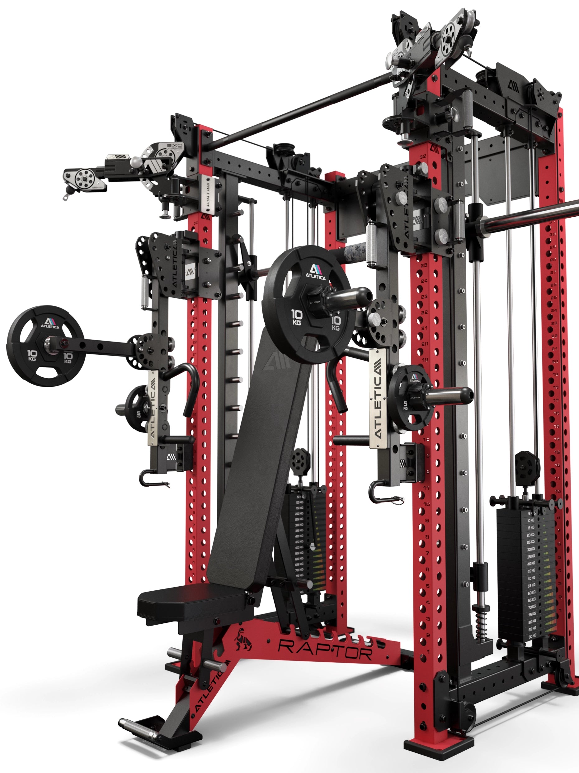 R8 Bradley EXO 93cm Combat Set Sportscar Red – Power Rack mit EXO Arms, Smith Machine, Raptor Hantelbank und ARC Force Jammer Arms