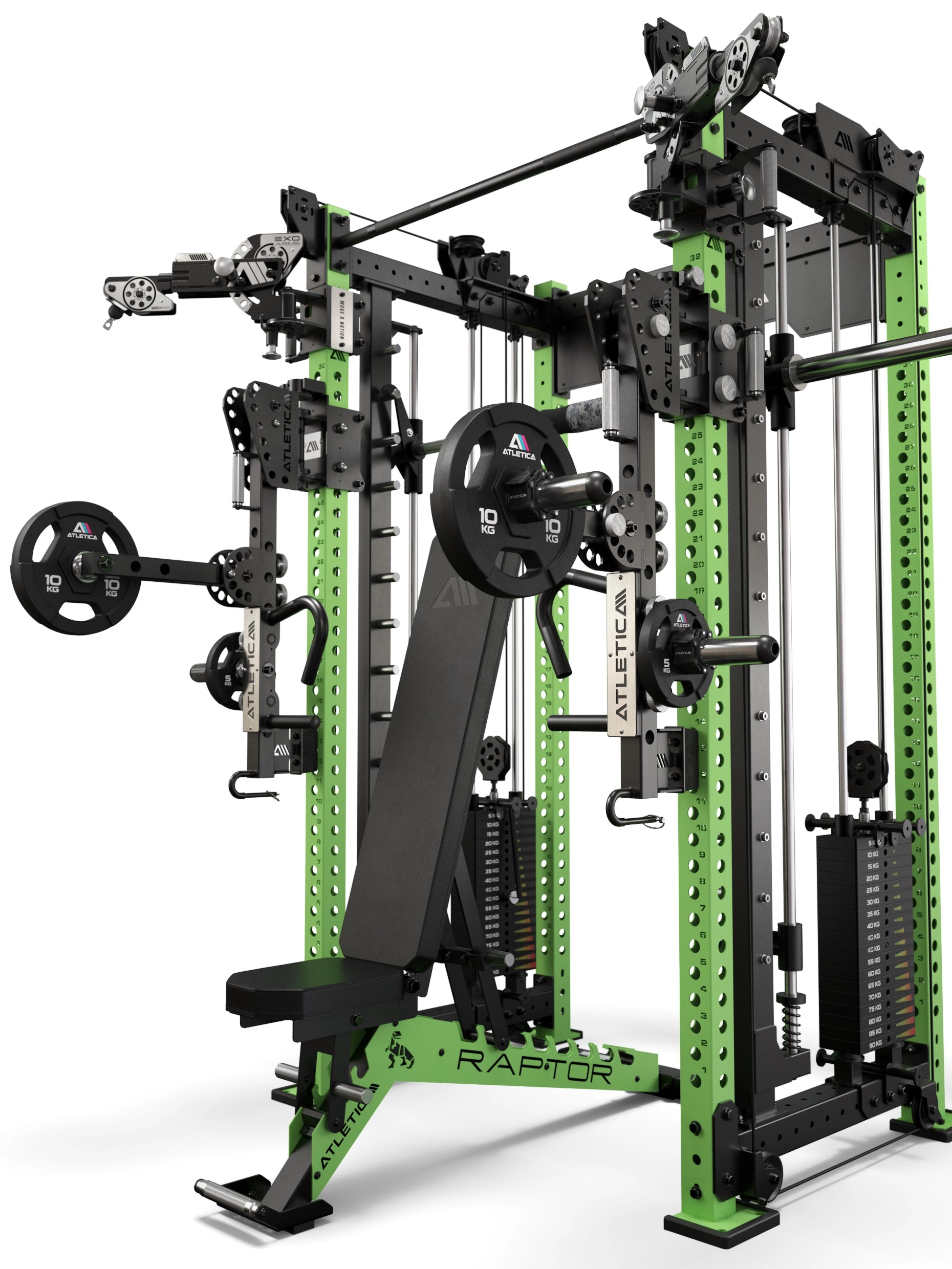 R8 Bradley EXO 93cm Combat Set Electric Green – Power Rack mit EXO Arms, Smith Machine, Raptor Hantelbank und ARC Force Jammer Arms
