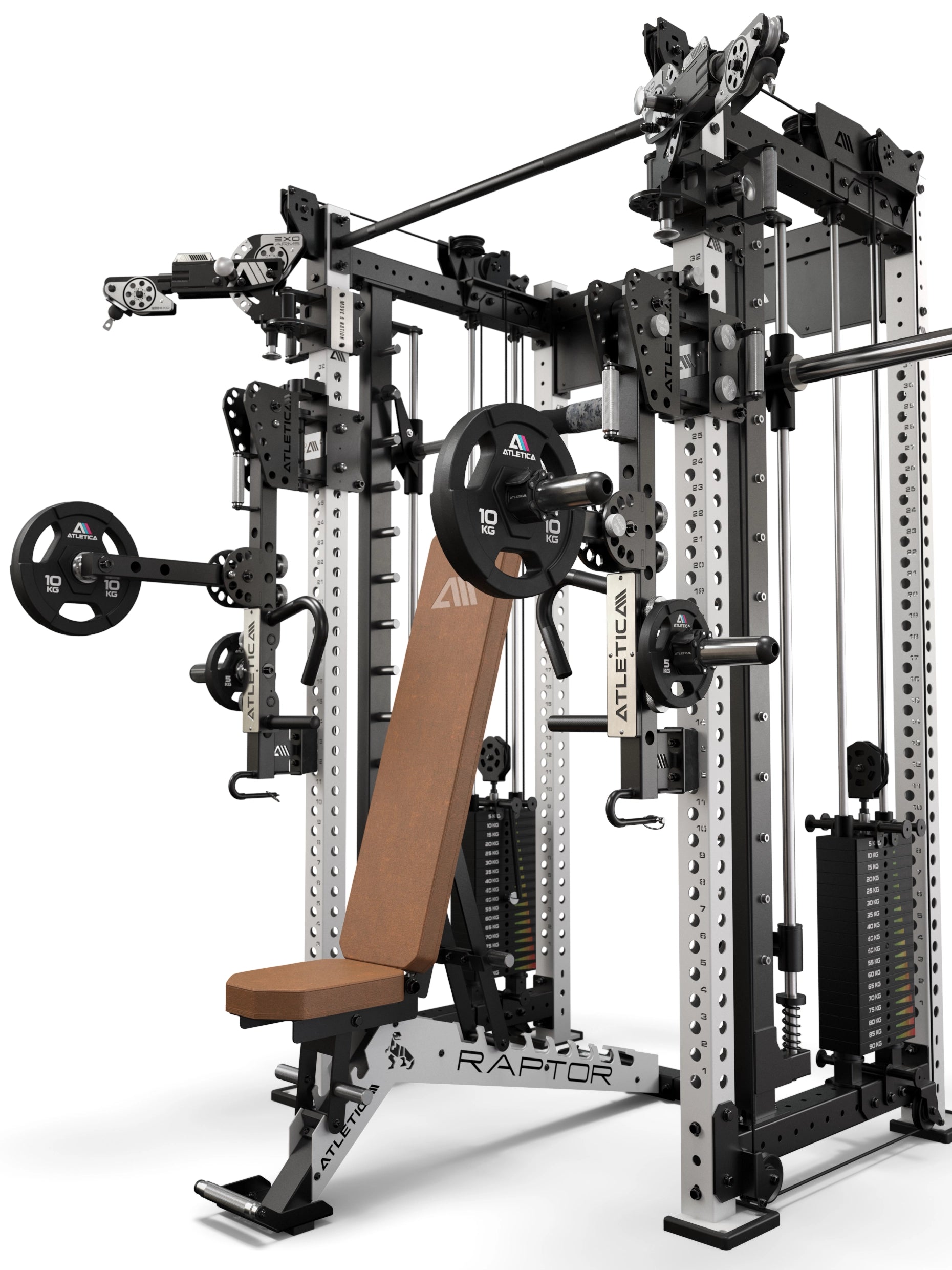 R8 Bradley EXO 93cm Combat Set Weiß – Power Rack mit EXO Arms, Smith Machine, Raptor Hantelbank und ARC Force Jammer Arms
