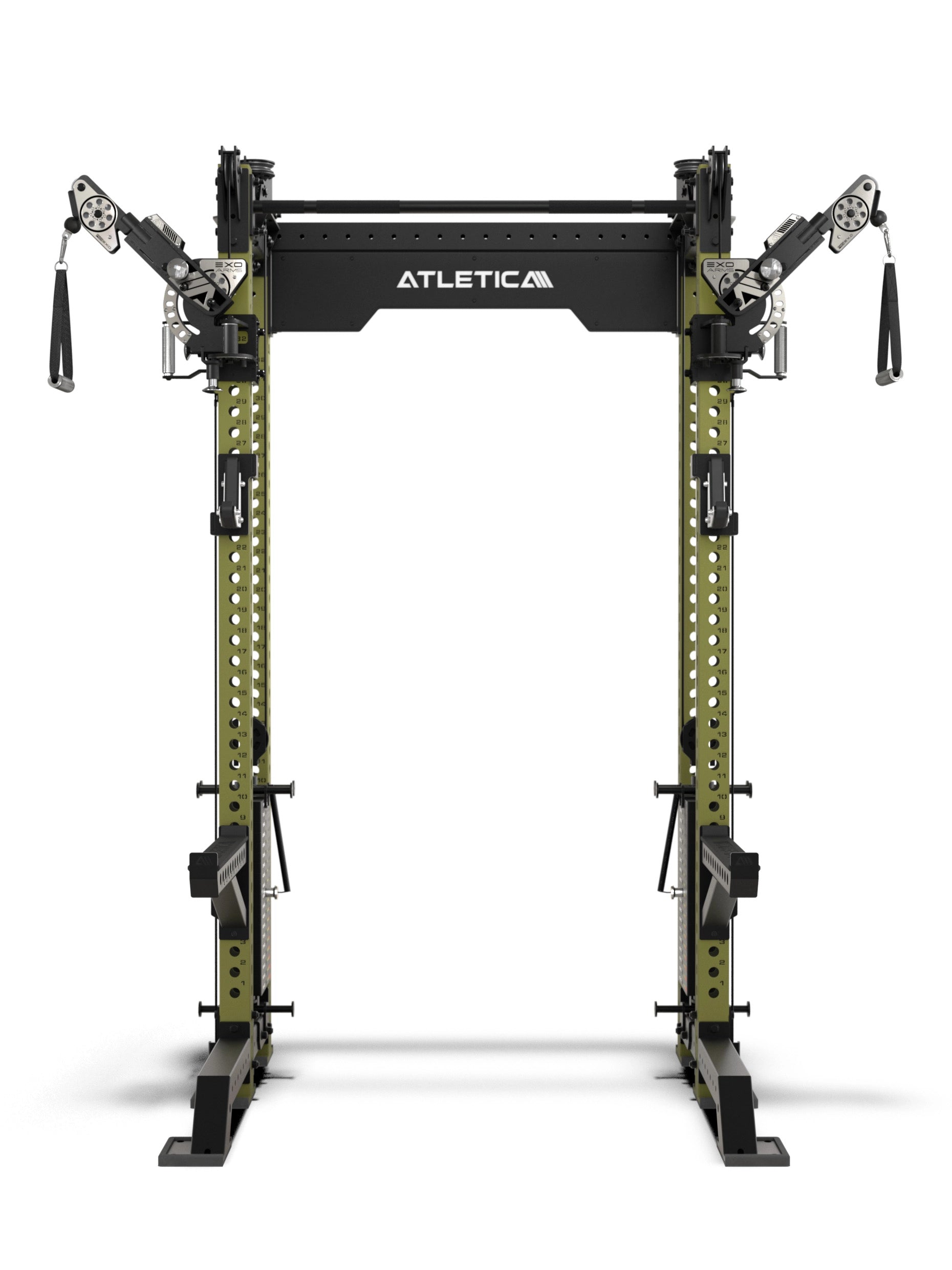 R8 Bradley EXO Power Rack Military Green mit 2x95 kg Steckgewichten, 42 cm Crossbartiefe und verstellbaren EXO Arms