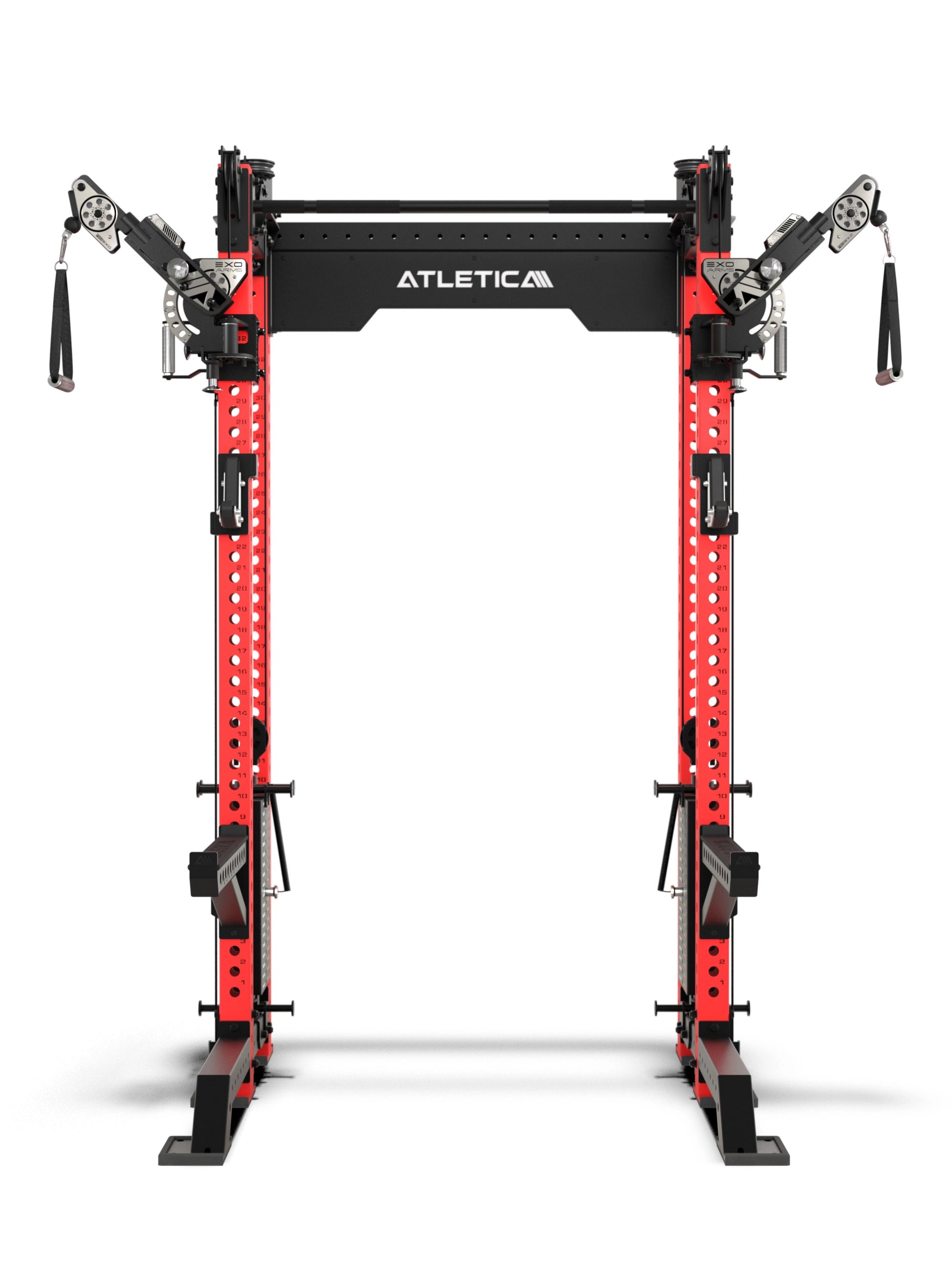 R8 Bradley EXO Power Rack Sportscar Red mit 2x95 kg Steckgewichten, 42 cm Crossbartiefe und verstellbaren EXO Arms