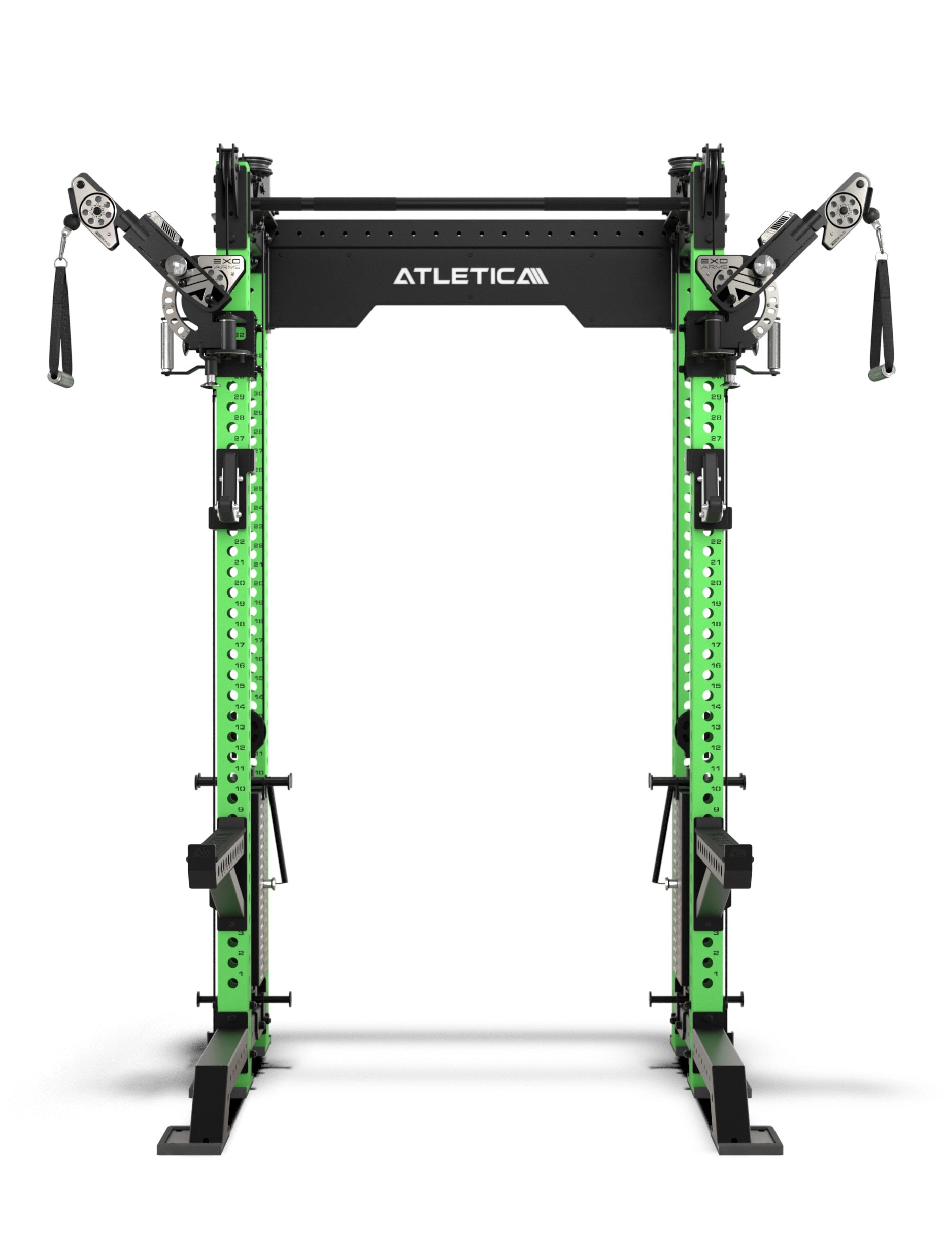 R8 Bradley EXO Power Rack Electric Green mit 2x95 kg Steckgewichten, 42 cm Crossbartiefe und verstellbaren EXO Arms