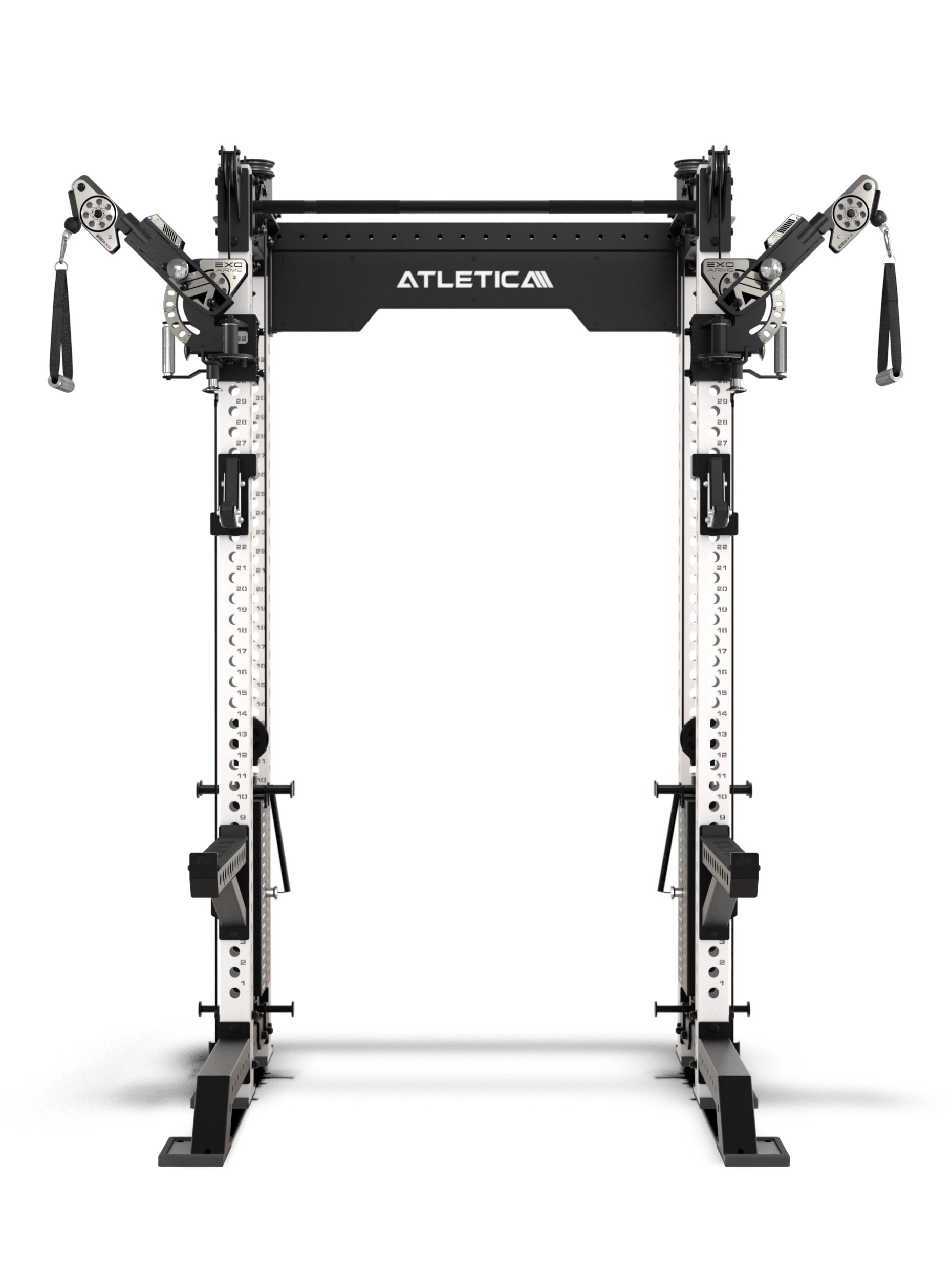 R8 Bradley EXO Power Rack Weiß mit 2x95 kg Steckgewichten, 42 cm Crossbartiefe und verstellbaren EXO Arms