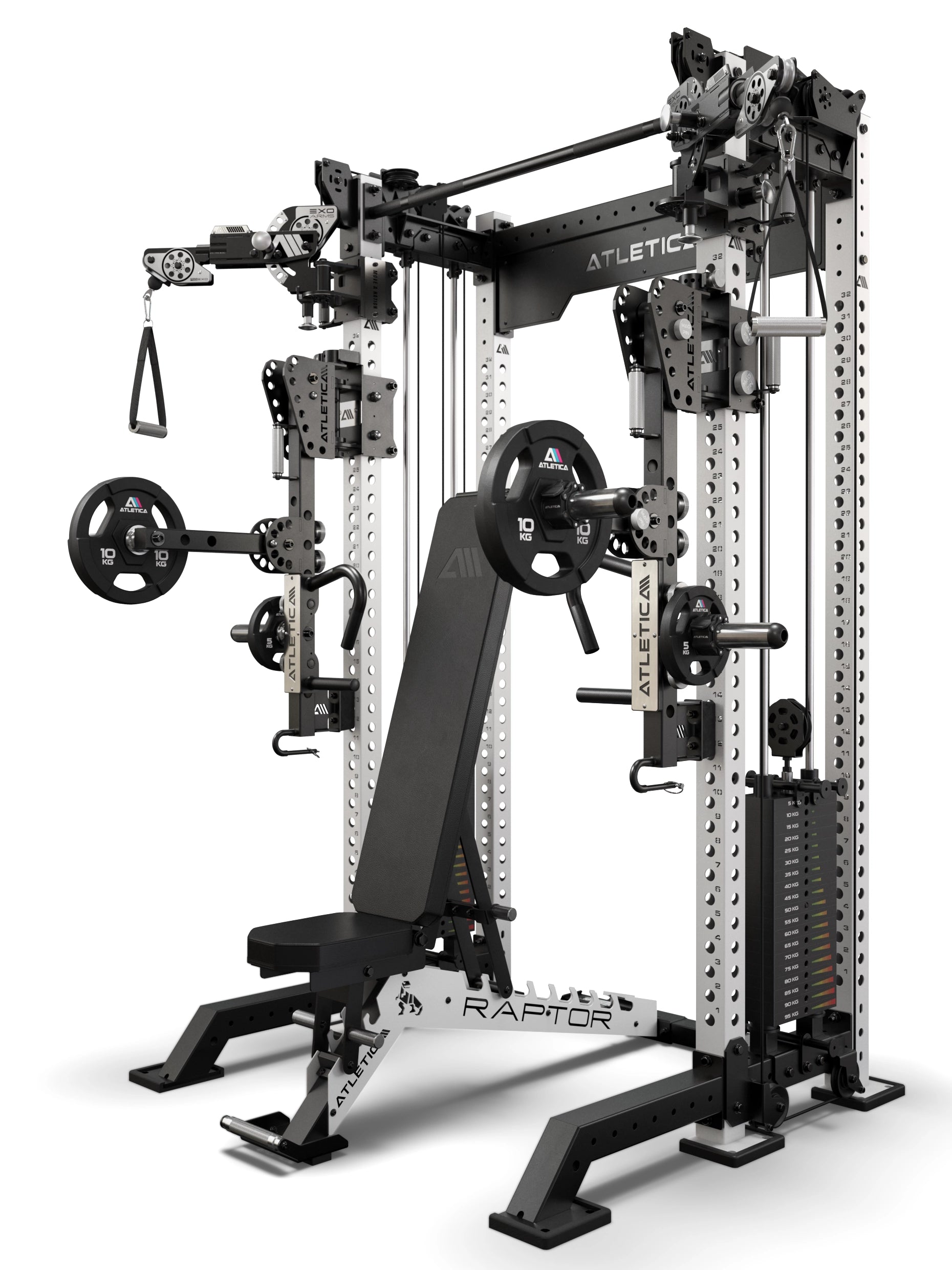 R8 Bradley EXO 57cm Combat Set Weiß – Power Rack mit EXO Arms, Raptor Hantelbank und ARC Force Jammer Arms