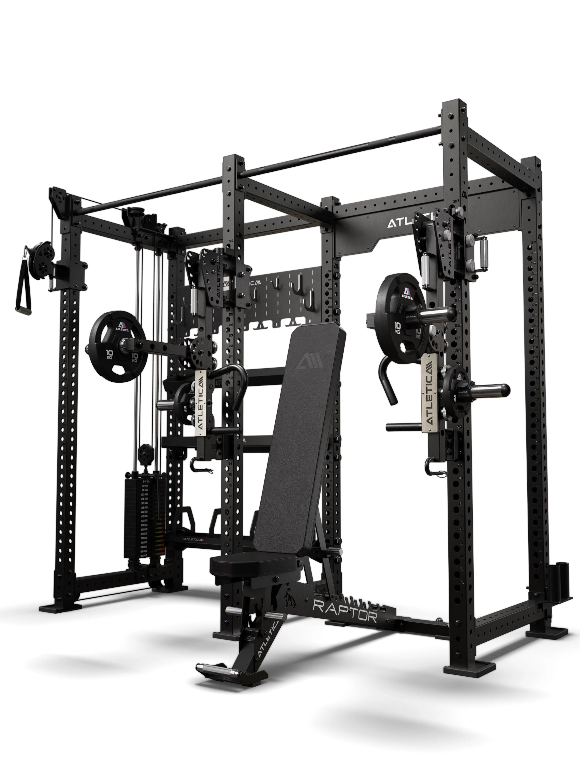 Atletica R8 Falcon L Combat Set in Schwarz – Power Rack mit Kabelzug und Storage-System, Raptor Hantelbank und ARC Force Jammer Arms