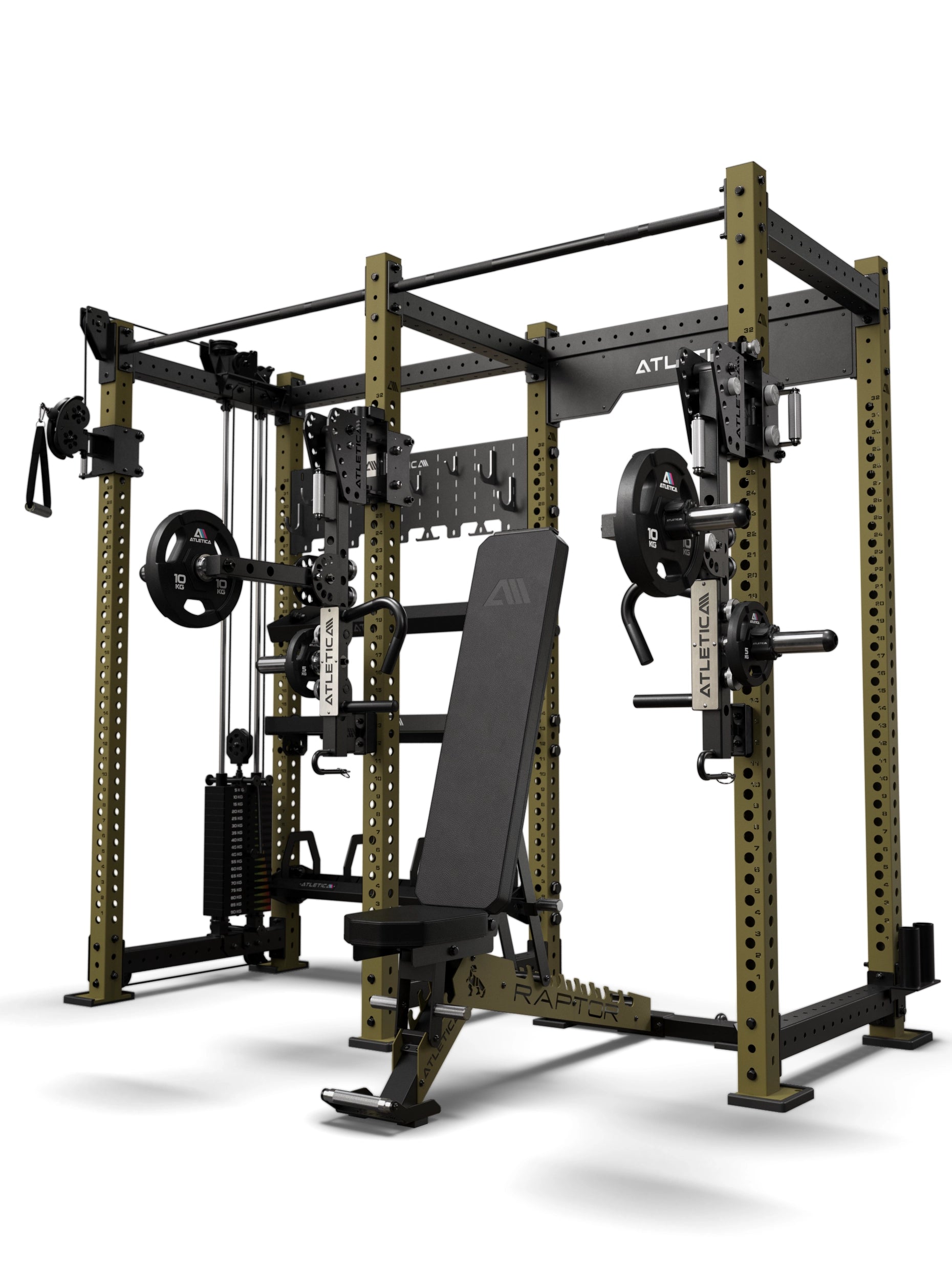 Atletica R8 Falcon L Combat Set in Military Green – Power Rack mit Kabelzug und Storage-System, Raptor Hantelbank und ARC Force Jammer Arms