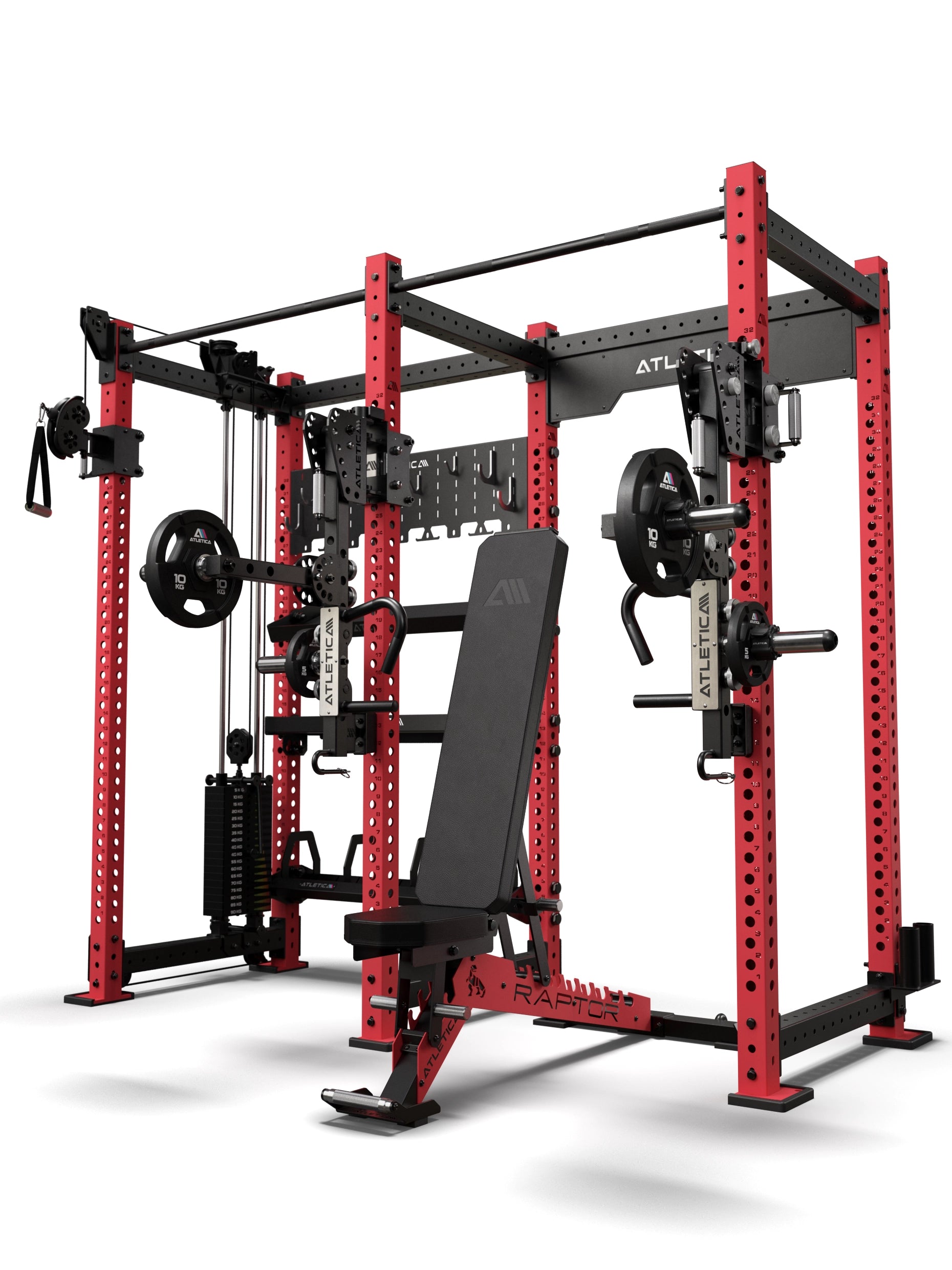 Atletica R8 Falcon L Combat Set in Sportscar Red – Power Rack mit Kabelzug und Storage-System, Raptor Hantelbank und ARC Force Jammer Arms