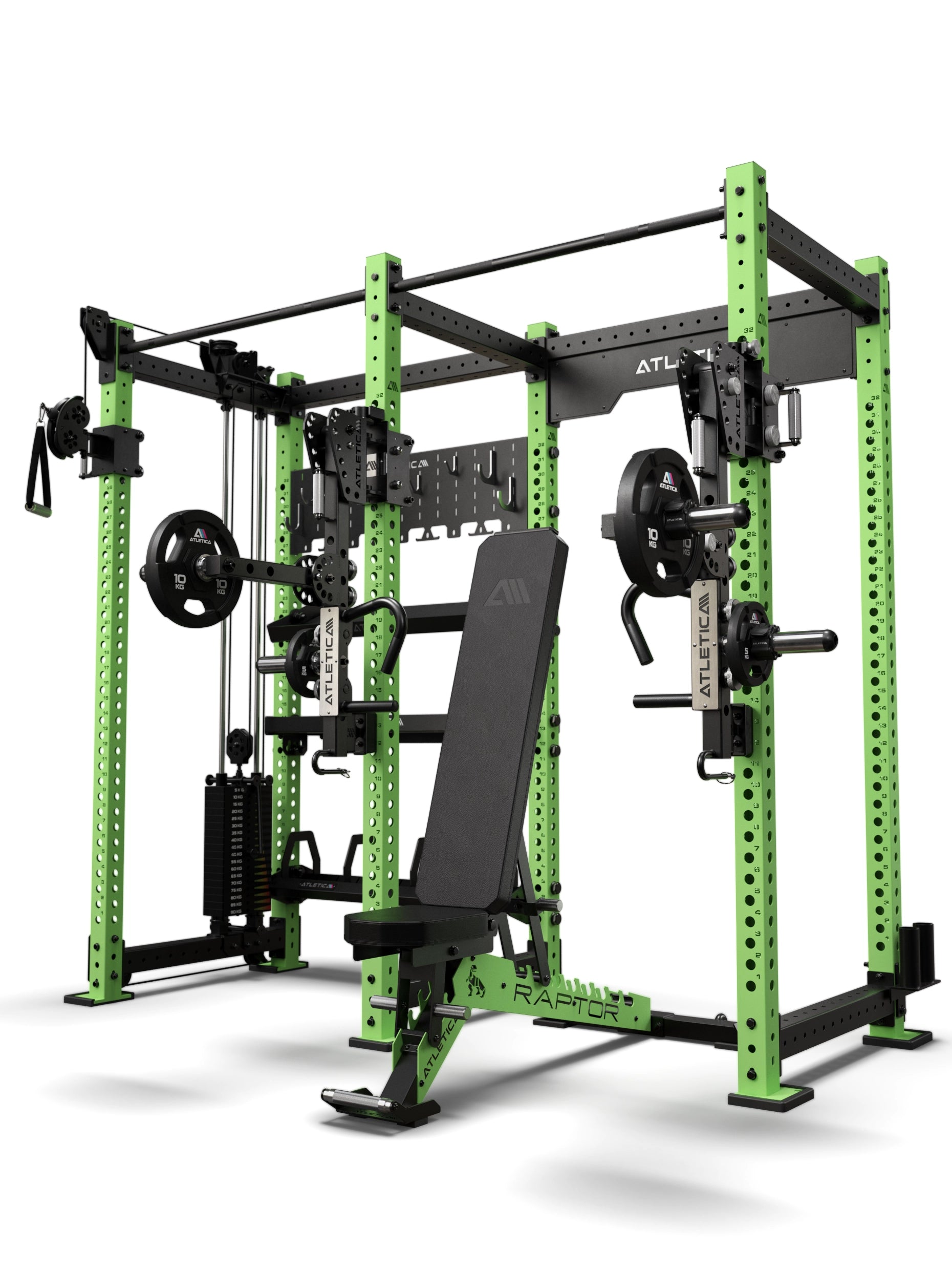Atletica R8 Falcon L Combat Set in Electric Green – Power Rack mit Kabelzug und Storage-System, Raptor Hantelbank und ARC Force Jammer Arms
