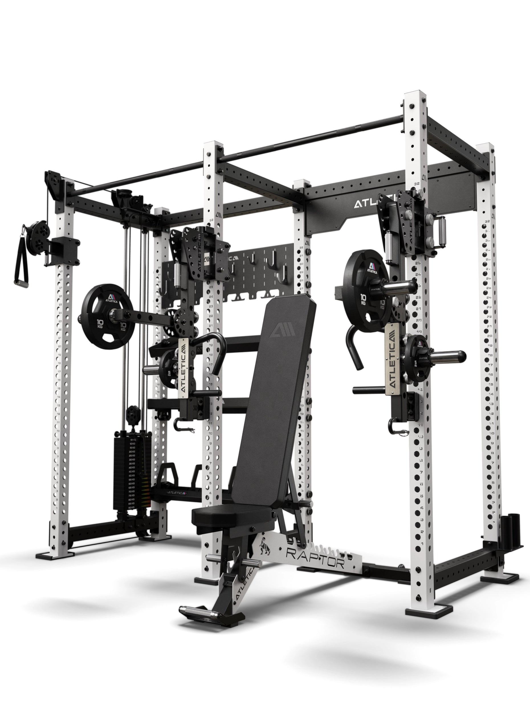 Atletica R8 Falcon L Combat Set in Weiß – Power Rack mit Kabelzug und Storage-System, Raptor Hantelbank und ARC Force Jammer Arms