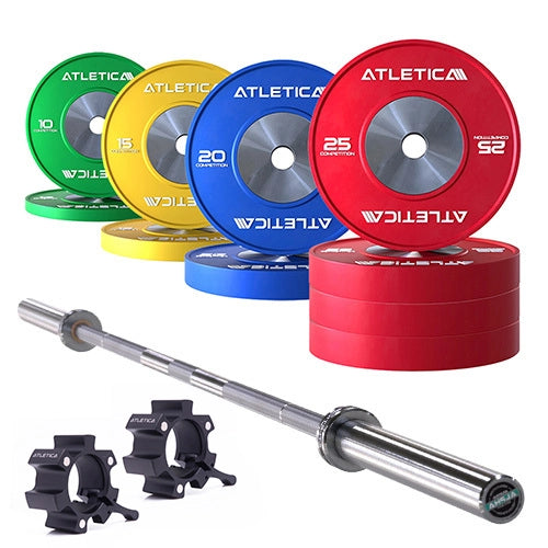 Langhantel Set Alpha mit Competition Plates 190 kg und Aluminium Verschlüssen in farbcodierter Ausführung