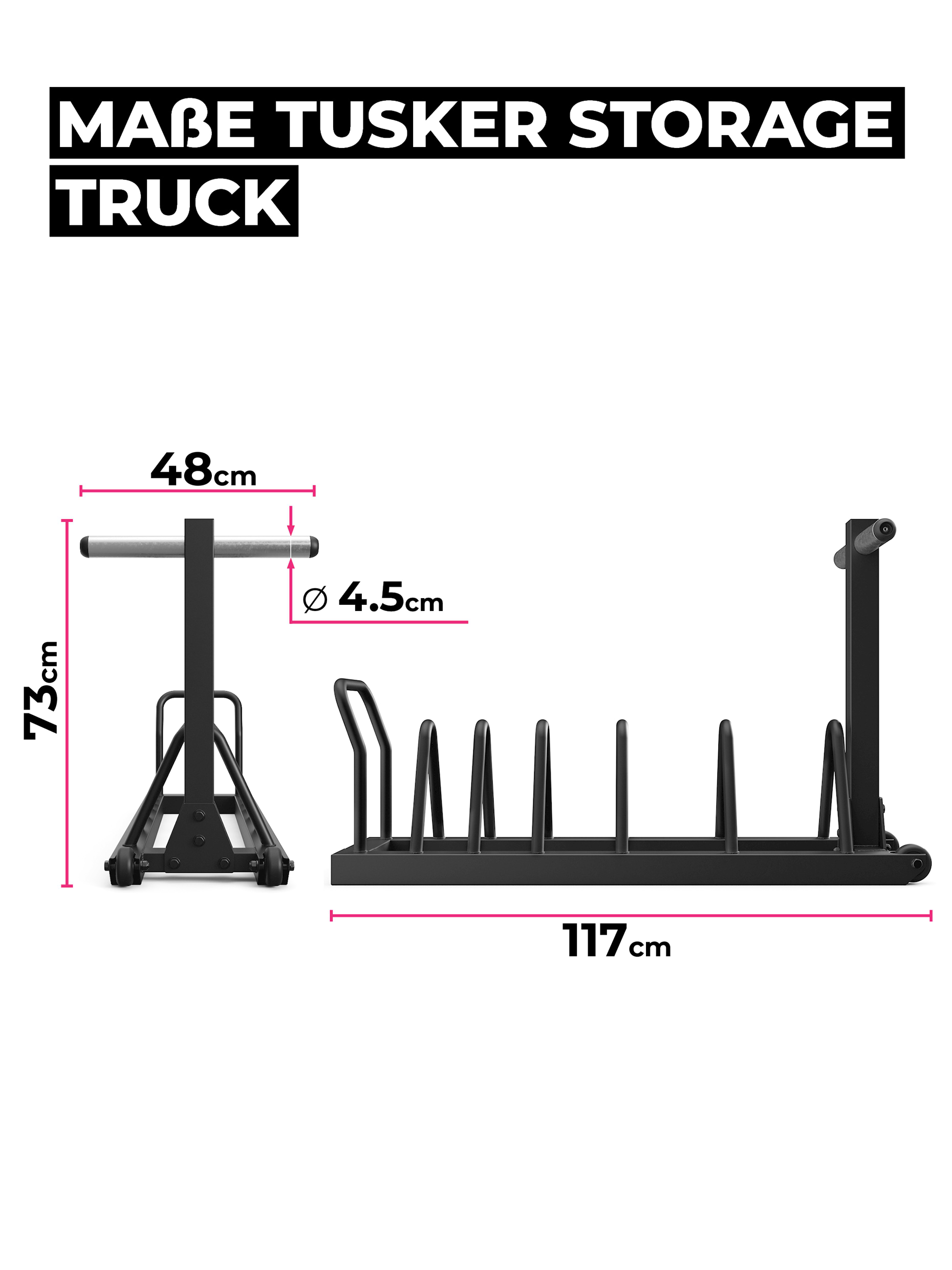 Hantelscheiben Ablage Tusker: Kompakter Scheibenständer | 6 Fächer | 2 zusätzliche Pins | 24 kg | bis 900 kg belastbar | Transportrollen und Griff