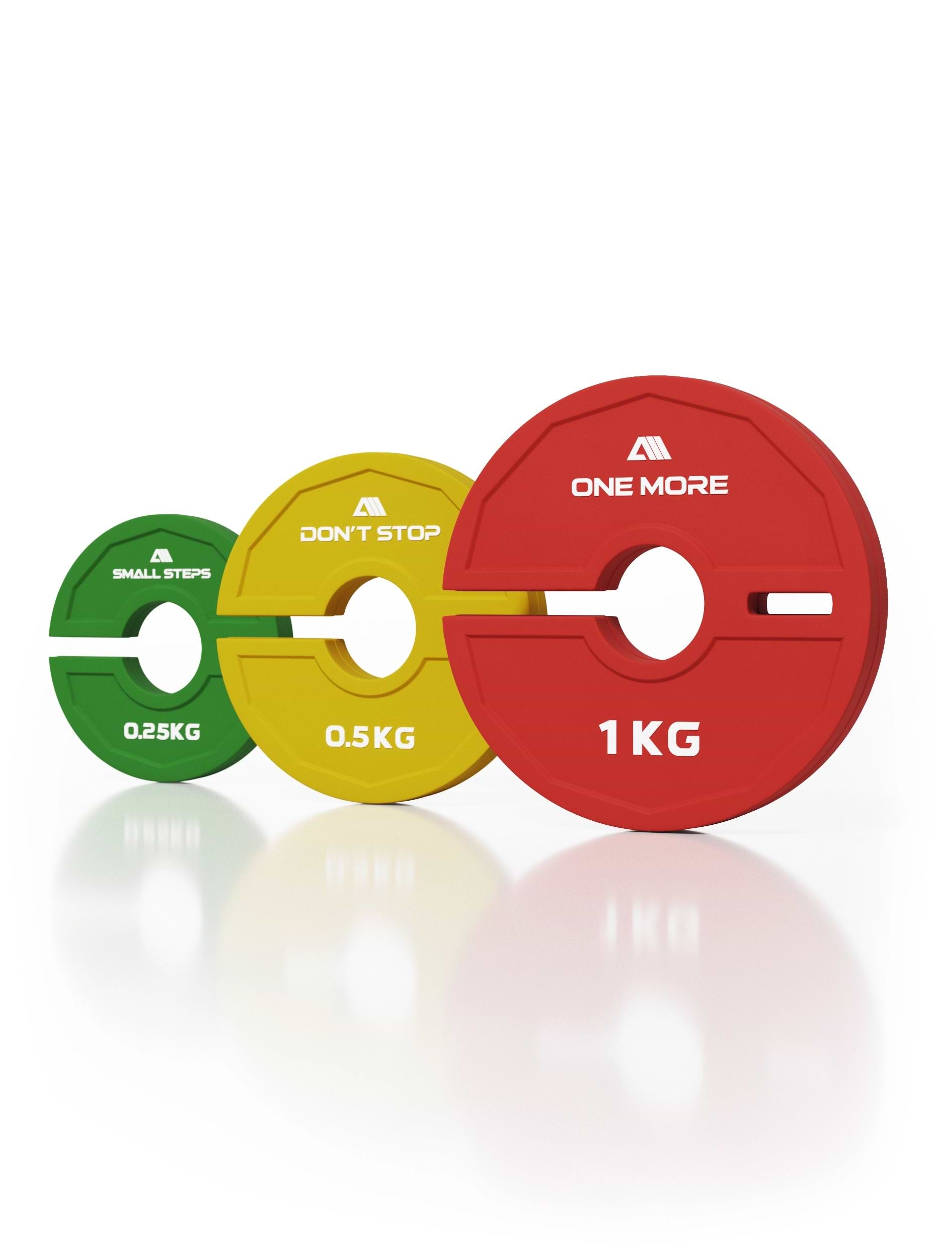 Vollgummi Add On Plates von Atletica: drei Gewichte in grün, gelb und rot