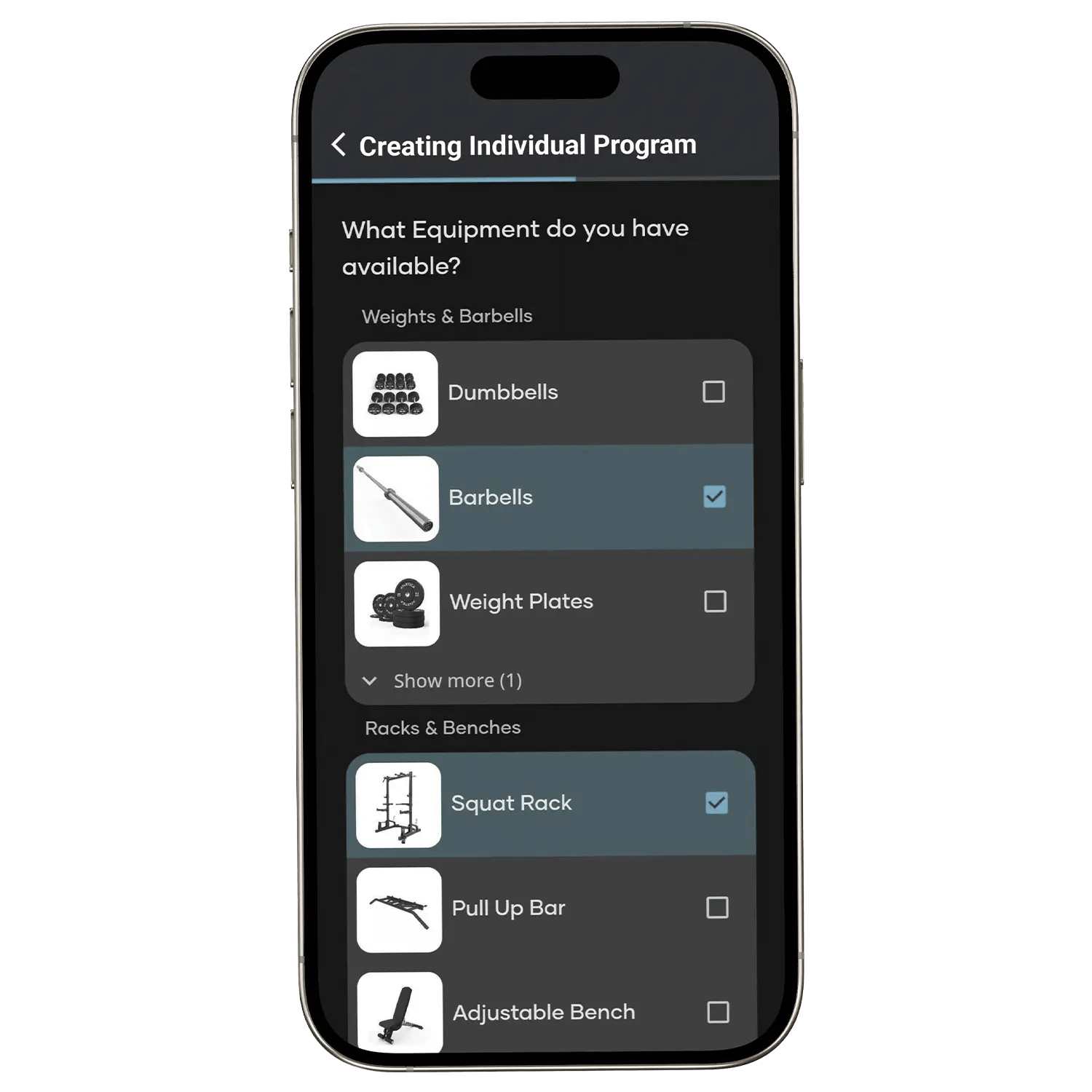 Atletica Training App: Equipment auswählen