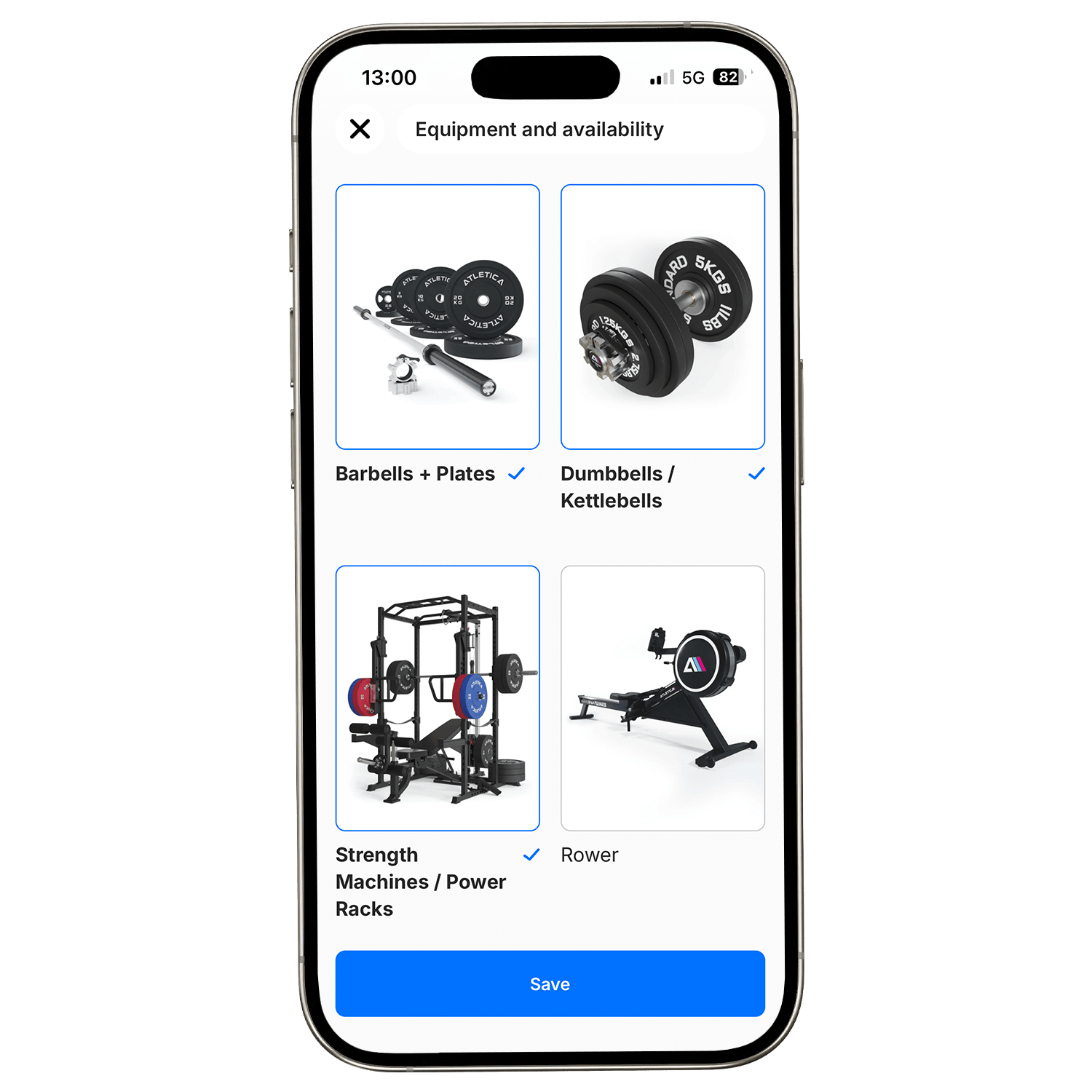 Atletica Training App Screenshot: Equipment-Auswahl