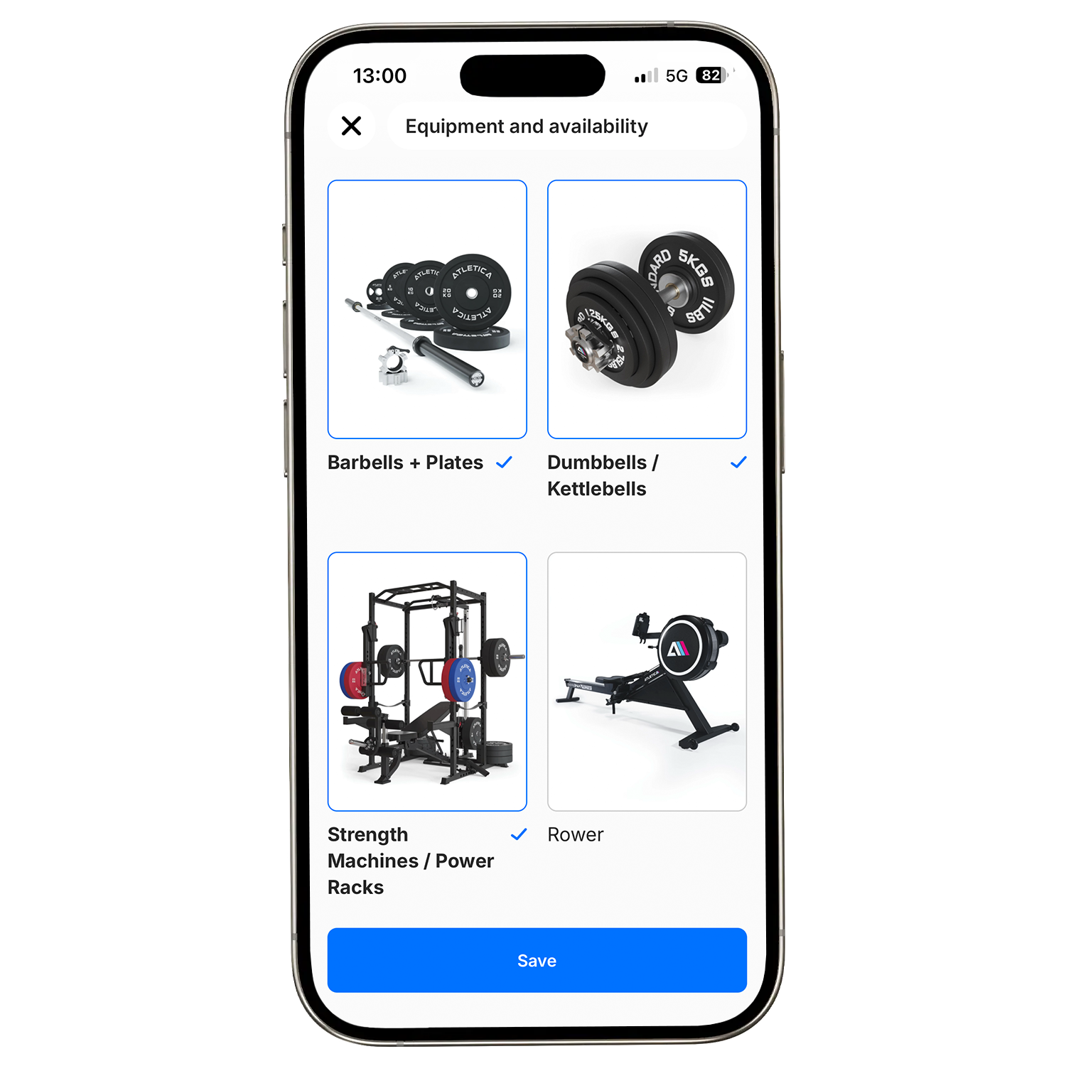 Atletica Training App Screenshot: Equipment-Auswahl
