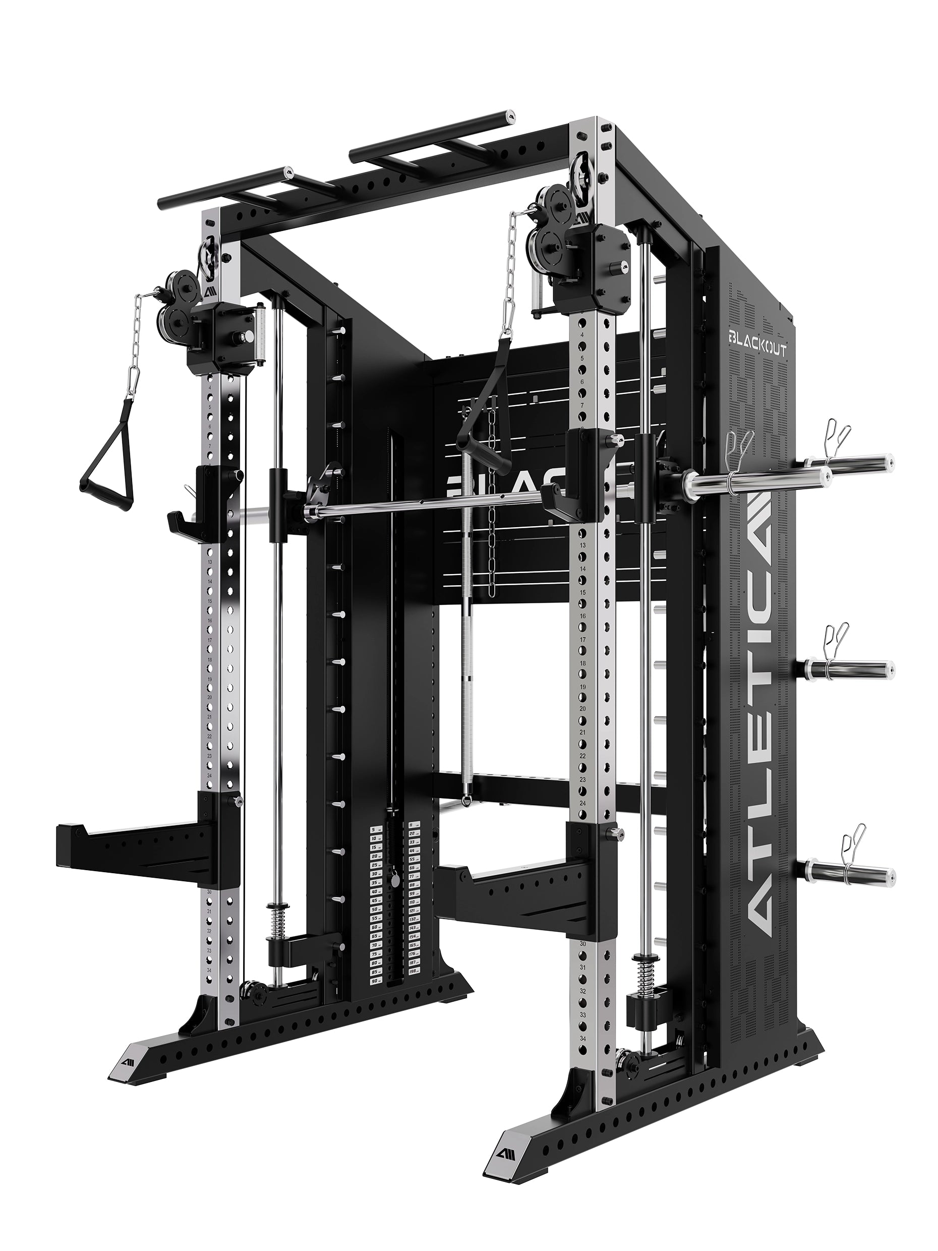 Blackout: All-in-One Multipresse mit 75x75mm Edelstahl-Uprights, Smith Machine, Functional Trainer mit 2x90kg & Storage System