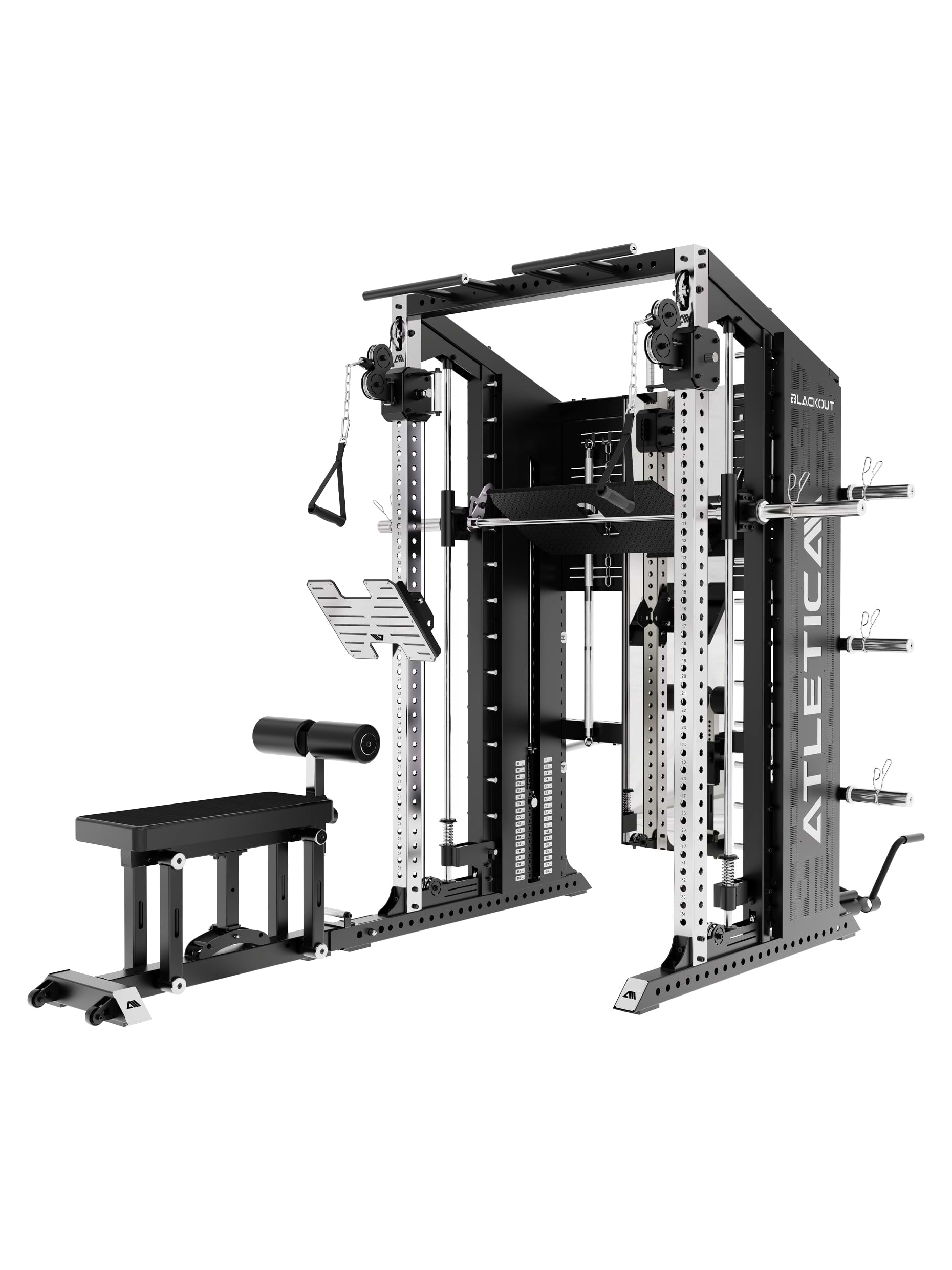 Blackout Kraftstation mit massiven Uprights und dualem Kabelzug mit Steckgewichten