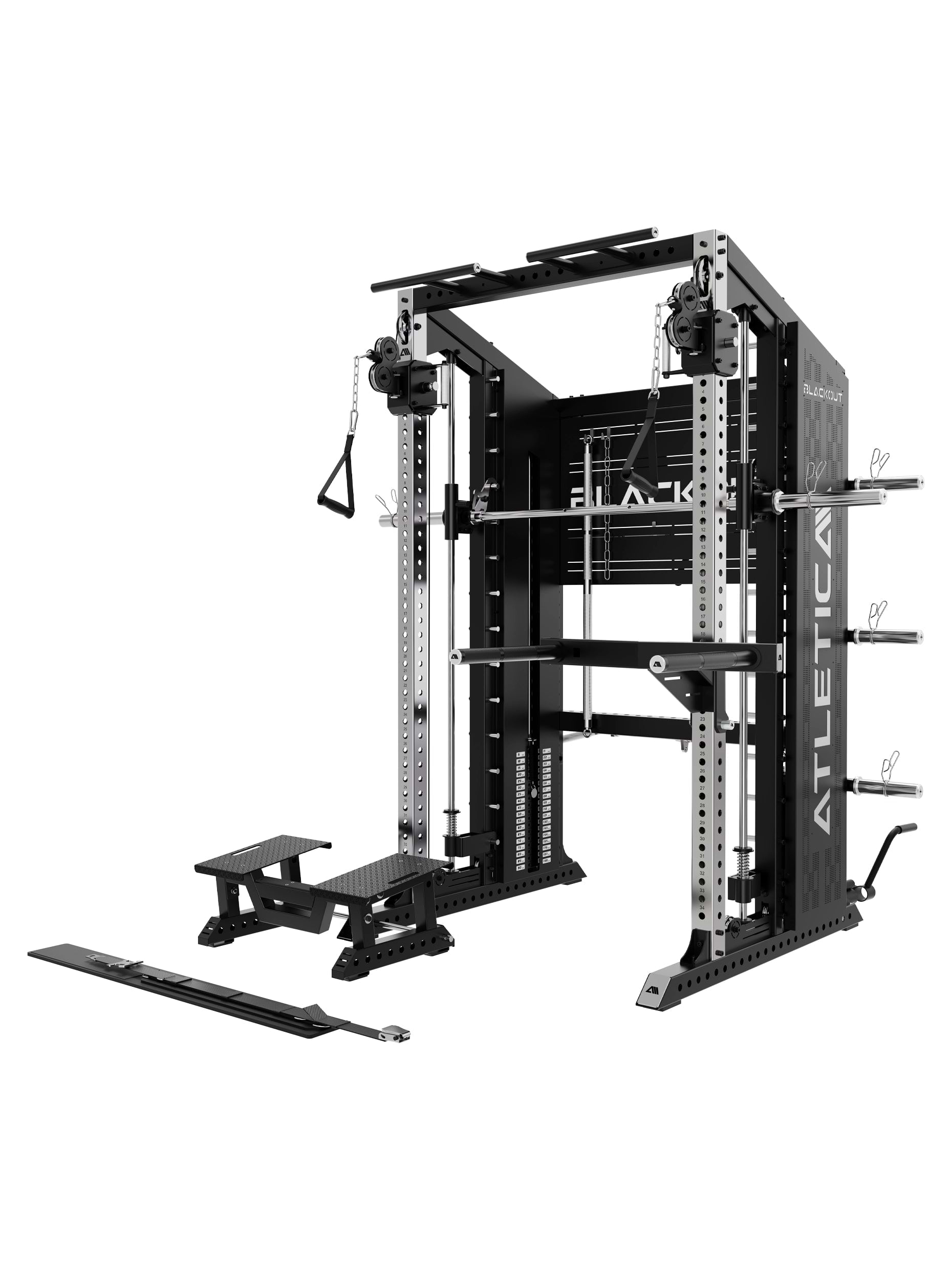 Kraftstation Blackout mit optionalem Zubehör: Fußplatte und Belt Squat Station