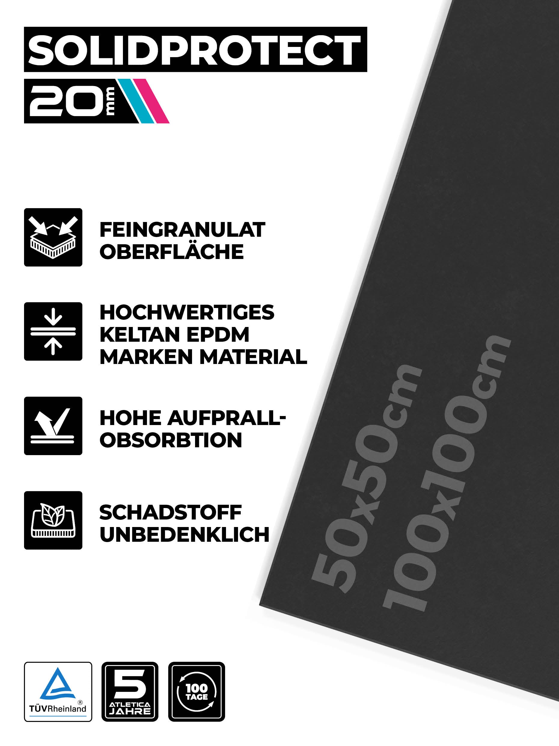 Vloerbeschermingsmatten SolidProtect 10m2: EPDM-materiaal | 20mm dikte | hoog eigen gewicht | fijn granulaat oppervlak | 0,8mm korrel 