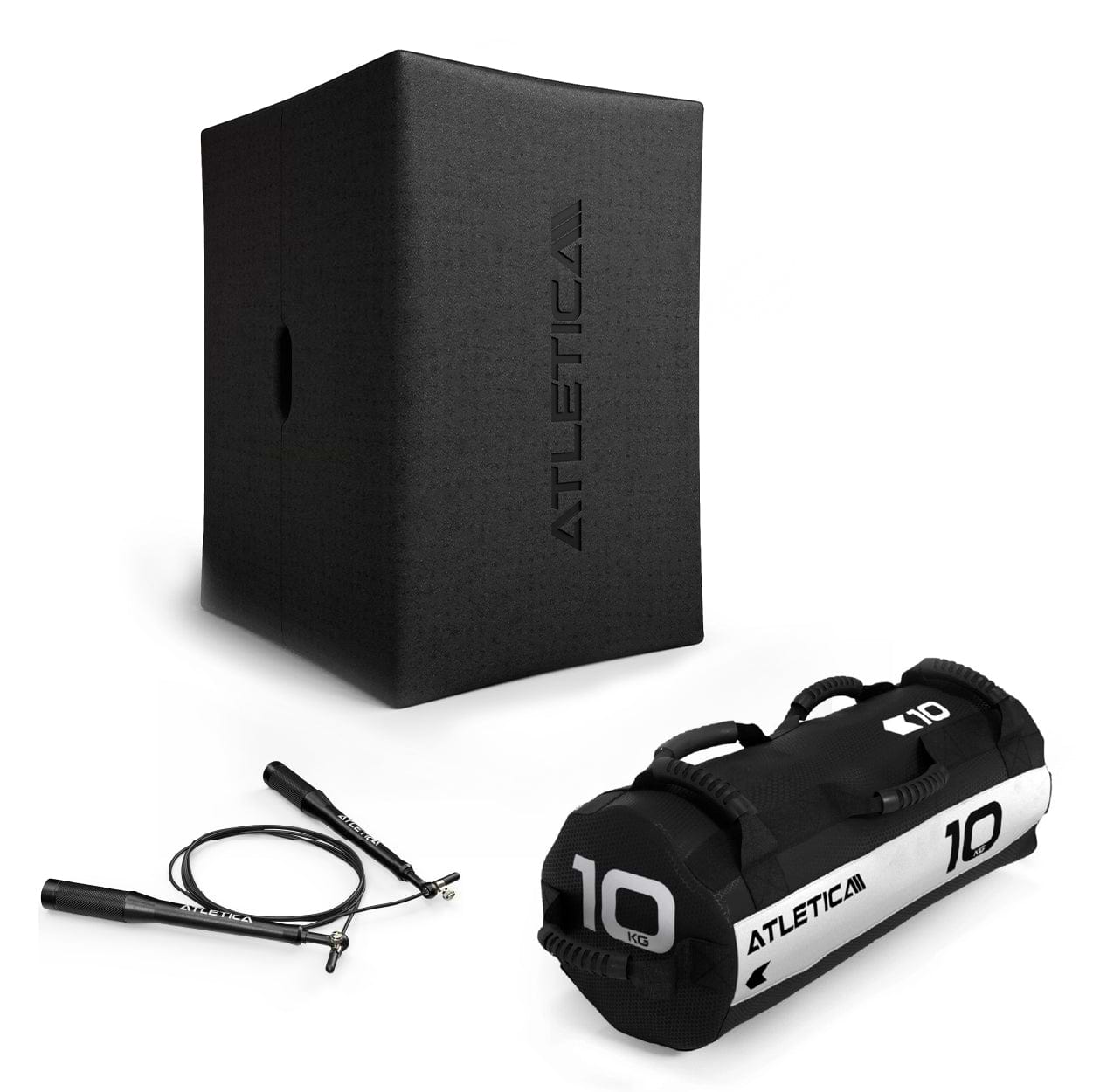 Atletica Cardio Warm-Up Set 1 - Schwarze Plyo-Box, Springseil, 10 kg Sandbag, für Sprungtraining und Plyometrie
