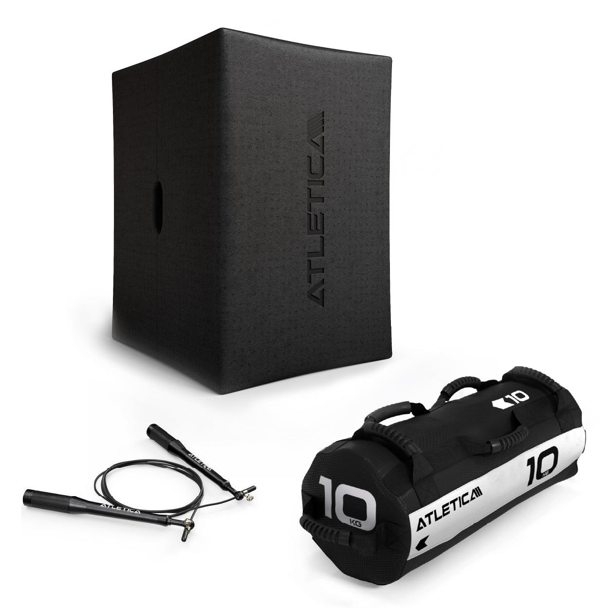 Atletica Cardio Warm-Up Set 1 - Schwarze Plyo-Box, Springseil, 10 kg Sandbag, für Sprungtraining und Plyometrie