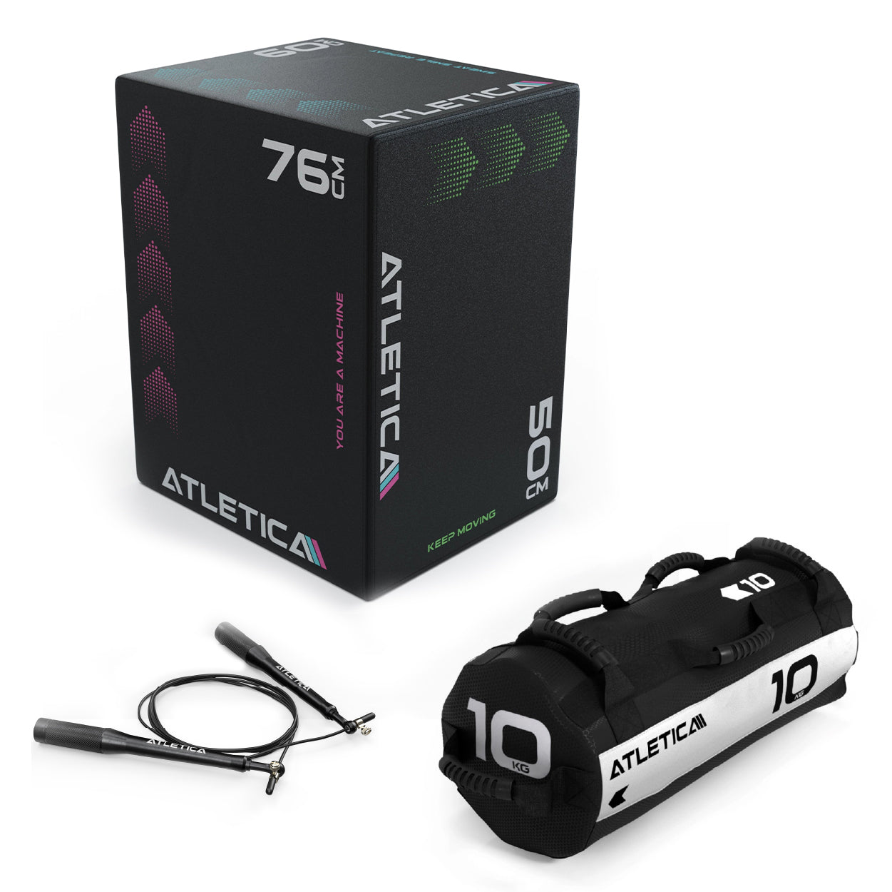Atletica Cardio Warm-Up Set 1 - Schwarze Plyo-Box, Springseil, 10 kg Sandbag, für Sprungtraining und Plyometrie