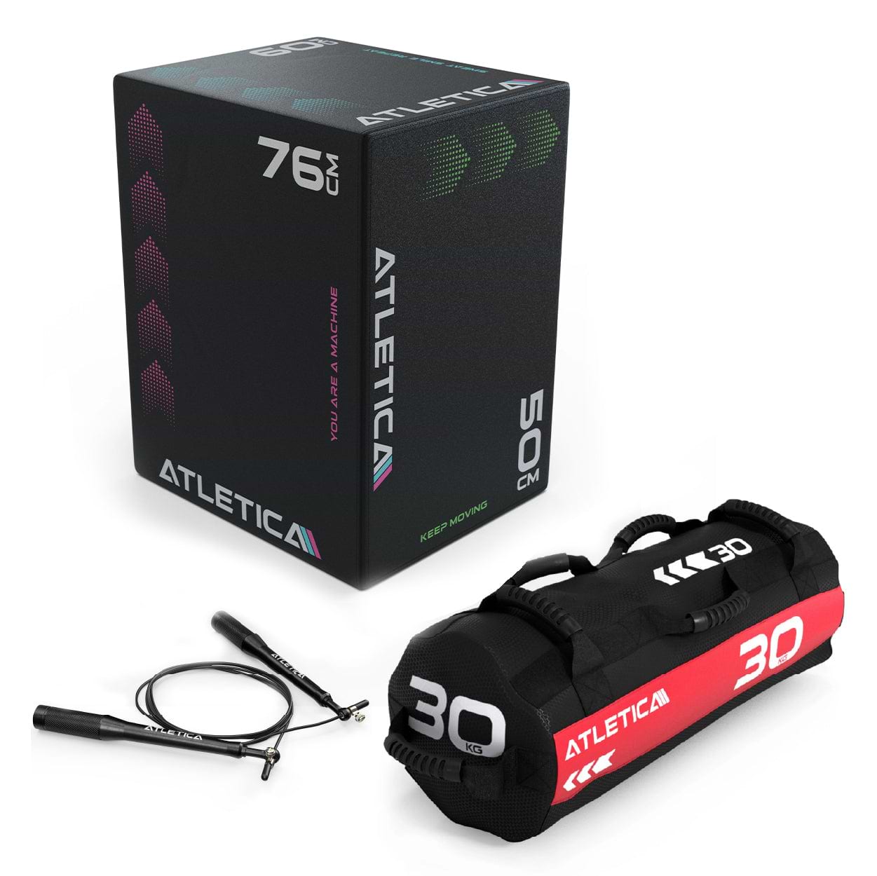 Atletica Cardio Warm-Up Set 3 - schwarze Plyo-Box 76 cm, roter Sandbag 30 kg und Springseil für Cardio-Warm-up